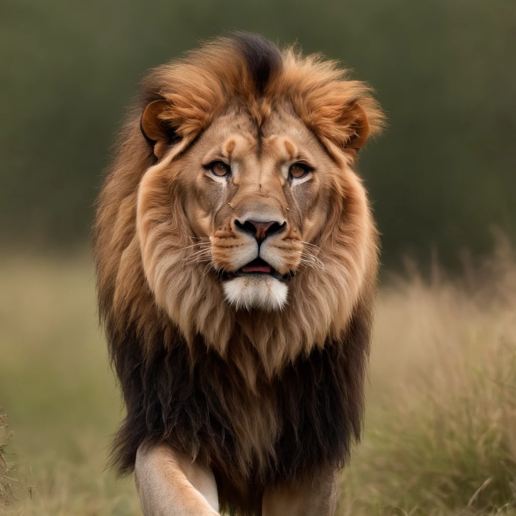 There is a bloody lion, with blood in its mouth, Walking on the grass with a rock in the background, Painting by Derek Zabrocki, Unsplash, digital art, King of the Jungle, with a lion's mane, proud look, Making a majestic and hot pose , Aslam Lev, Half lev, Full body 2D lion, proud look, Digital art animal photo, Lion's mane, bloody mouth, bloody teeth