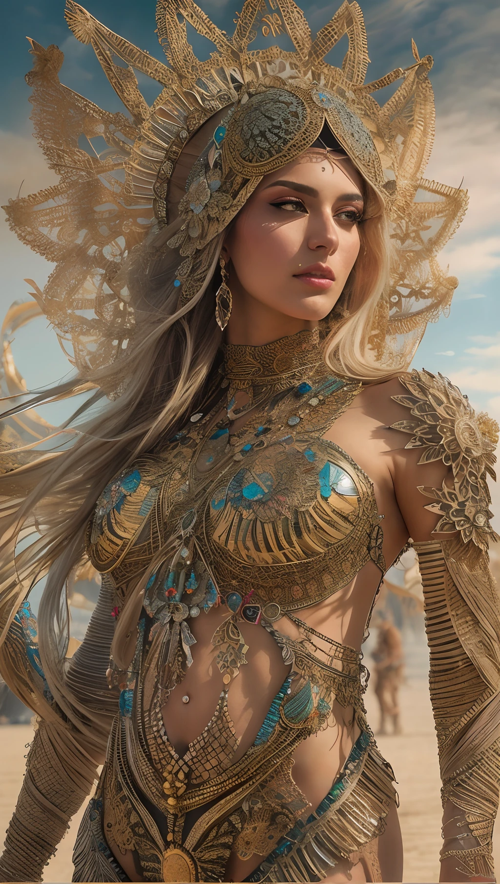 full body shot photo of the most beautiful artwork in the world featuring a beautiful woman dressed in an intricate outfit at burning man in the desert, iridecent, mirrors, trending on ArtStation, CGSociety, Intricate, High Detail, Sharp focus, dramatic, photorealistic painting art by greg Rutkowski