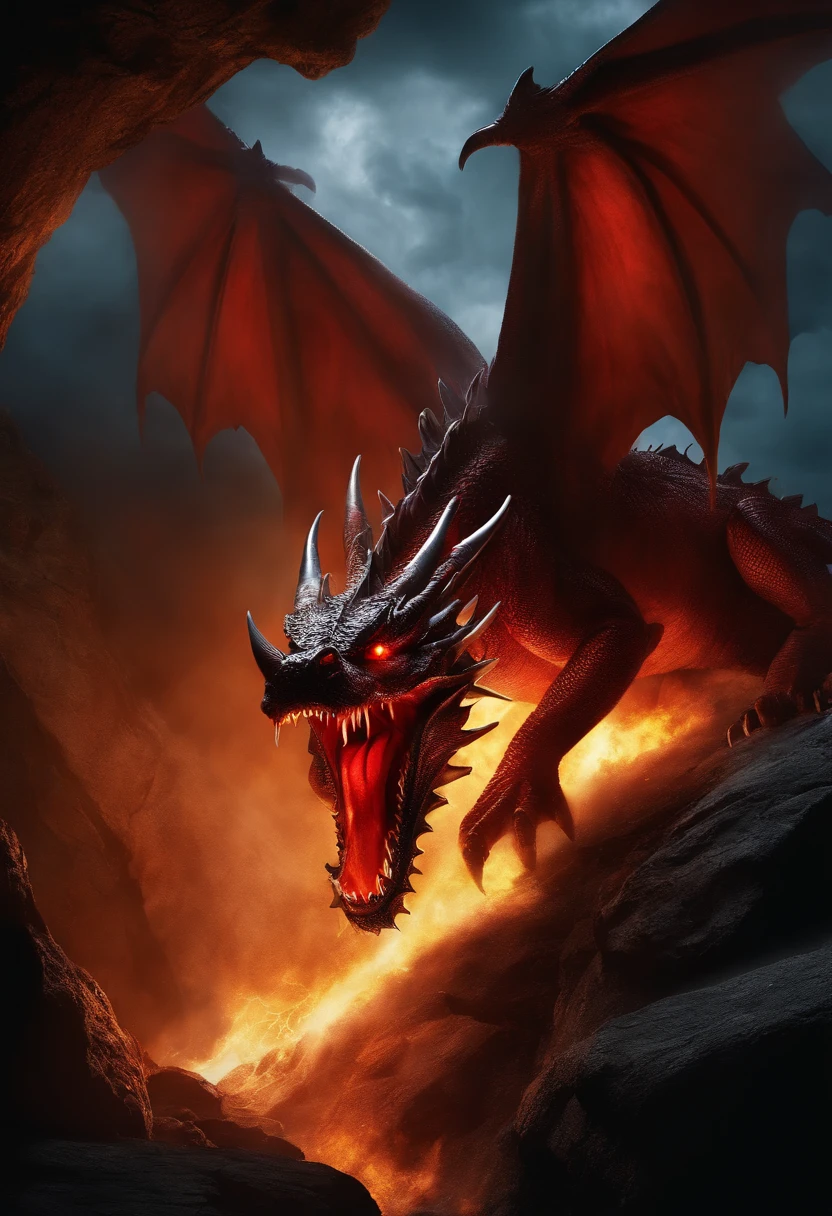 Dragon with red eyes fire in the mouth sharp teeth comes out from cave, sky with lighting and thunderstorm