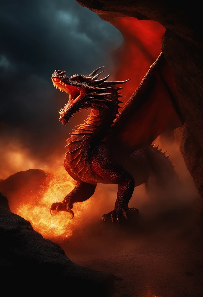 Dragon with red eyes fire in the mouth sharp teeth comes out from cave, sky with lighting and thunderstorm