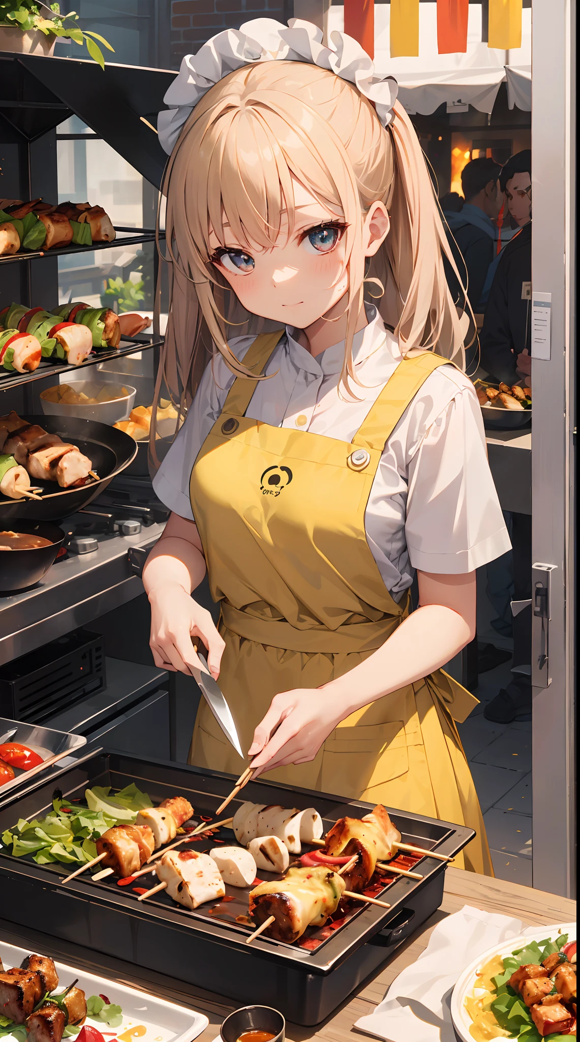 「Little girl cutting kebabs in Turkish cuisine with a knife and selling them at an outdoor festival。She has golden hair and wears a pink apron.、The eyes are green, narrow and cute。To express her in the style of a cute chibi character、the head is large, the limbs are long and slim,。She holds a knife with a gentle expression.、Cutting kebabs。Kebabs are skewered with meat and vegetables.、Burnt crispy。Background with tents, flowers and other people々There is、You can feel the atmosphere of an outdoor festival。(cuteness:1.5)(hightquality:1.2)(Sketched:1.0)」