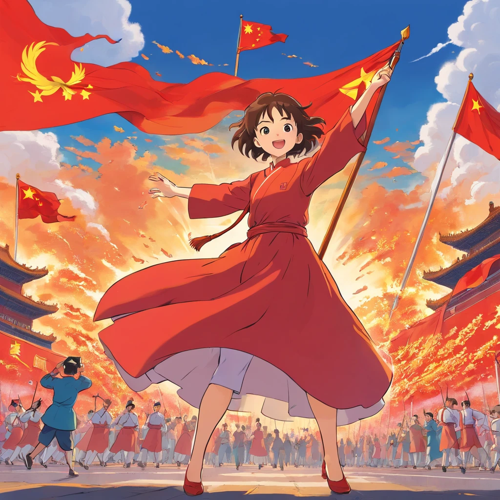 Red flag,majestic mountain peaks,Tiananmen square,The book reads, "It's childlike to party.",Set sail with your dreams"