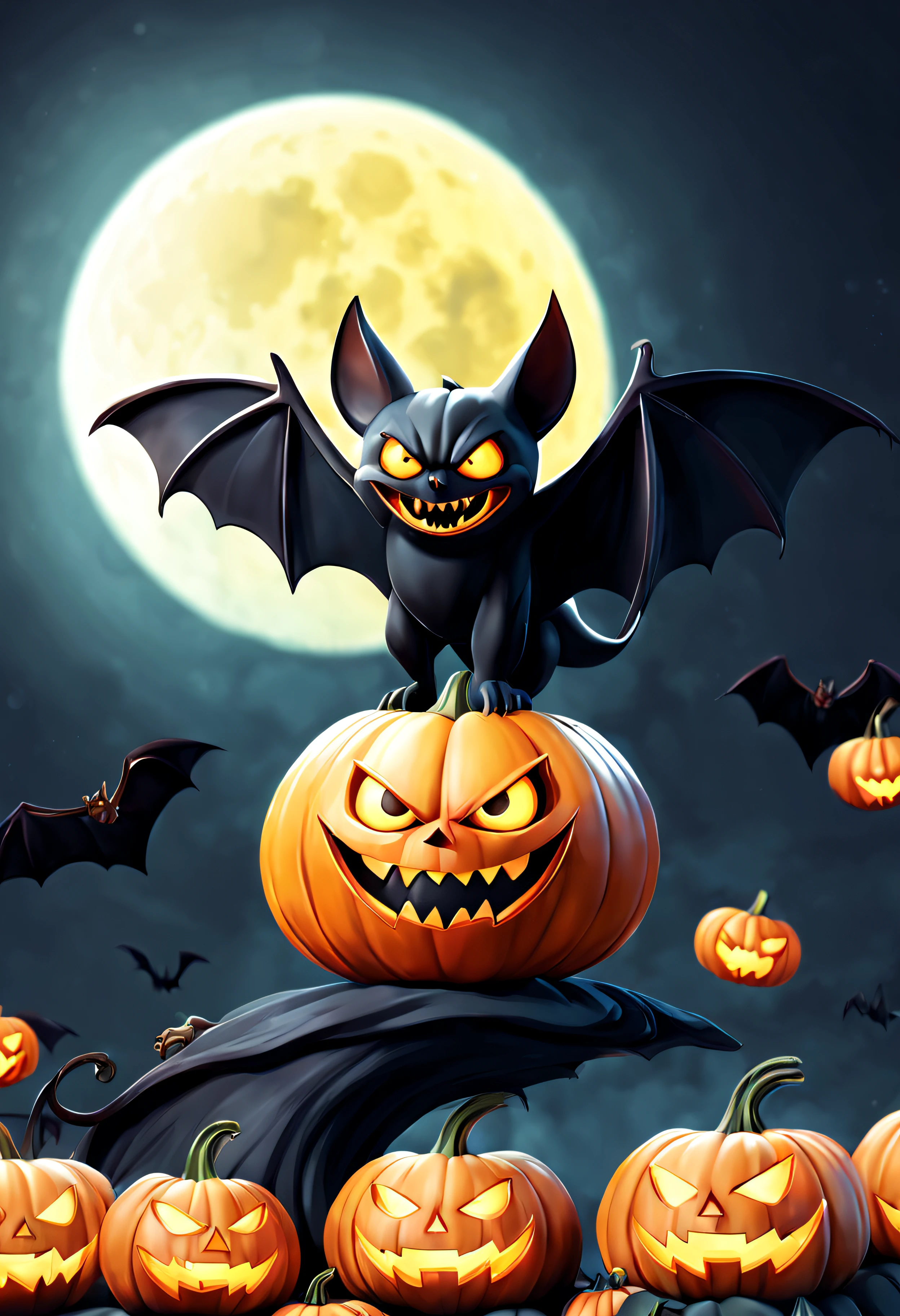 Spooky halloween evil pumpkin with bat wings flying with full moon on the background, detailed halloween evil pumpkin scene, vector, simple, Halloween, black bat, jack o’lantern, , trendy psychedelic , dark magic splash, dark, ghotic, tetradic colors, 3D art, fantasy art, bokeh, Adobe Illustrator, digital painting, soft lighting view, retro aesthetic, focused on the character, 4K resolution, photorealistic rendering, centered tshirt design