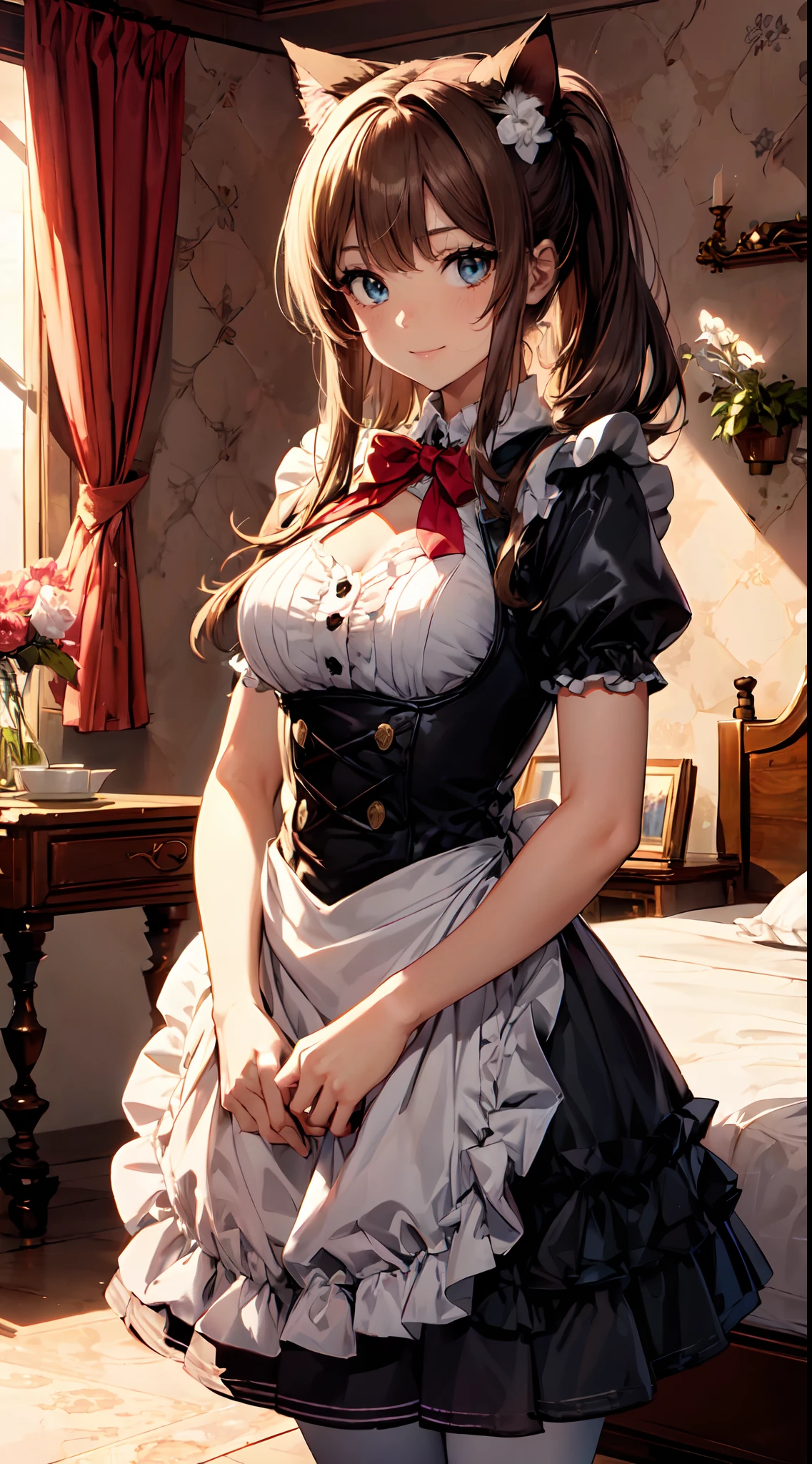 1 beautiful girl, (Cute:1.5), (Chibi: 0.8), (kawaii: 1.5), (Lori: 0.5), (17 years old girl) BREAK, (爆乳,Milk:1.4,), Clear skin, Beautiful skin, Shy, 1 beautiful girl, Brown hair, (Cat ears, High Ponytail, Medium Long Hair,Curly hair: 1. 2), (almond shape eyes,Light blue eyes, long eyelashes, Double eyelid 1.2), Shiny skin, BREAK, Clear skin, Shining Beautiful Skin Break, (Huge cake:1.2), Bangs,Cowboy Shot, dial,BREAK, Clear skin, Beautiful skin,BREAK, (Alice in Wonderland:1.4), Voluminous panniers below (Long Blue Dress:1.33) with (a lot of layered frills:1.2) and ribbons, (White Apron:1.2), Black Mary Jane Shoes, (White tights:1.3), With black headdress (a lot of layered frills:1.2) and ribbons, Clock Charm, Card Suit Accessories, White lace, (voluminous panniers under a long petticoat,,,,:1.3),BREAK, (inside in room:1.5),(girl's own room,pink wall paper,a bed,The table,Giant Chocolate Whole Cake:1.35),Cute,年轻,Posing,Very long hair, Look at viewers, Professional Lighting, Physically-based rendering,depth of fields,,BREAK, wakame,wakame,wakame,(Highly detailed CG Unity 8k wallpaper), (Best Quality, Very detailed, Colorful, Highest detail), (Best Illustration), (Best Shadow), POV, Realistic lighting and shading, Natural light, Lens flare effect,absurderes, absolutely resolution, unbelievable Ridiculous, hight resolution, ultra-detailliert, Official art, Unity 8k壁纸, Kinetic Typography Break, (1girl in, Solo:1.4), Dynamic Poses, sale,(Smile with plenty of room:1.1) BREAK,