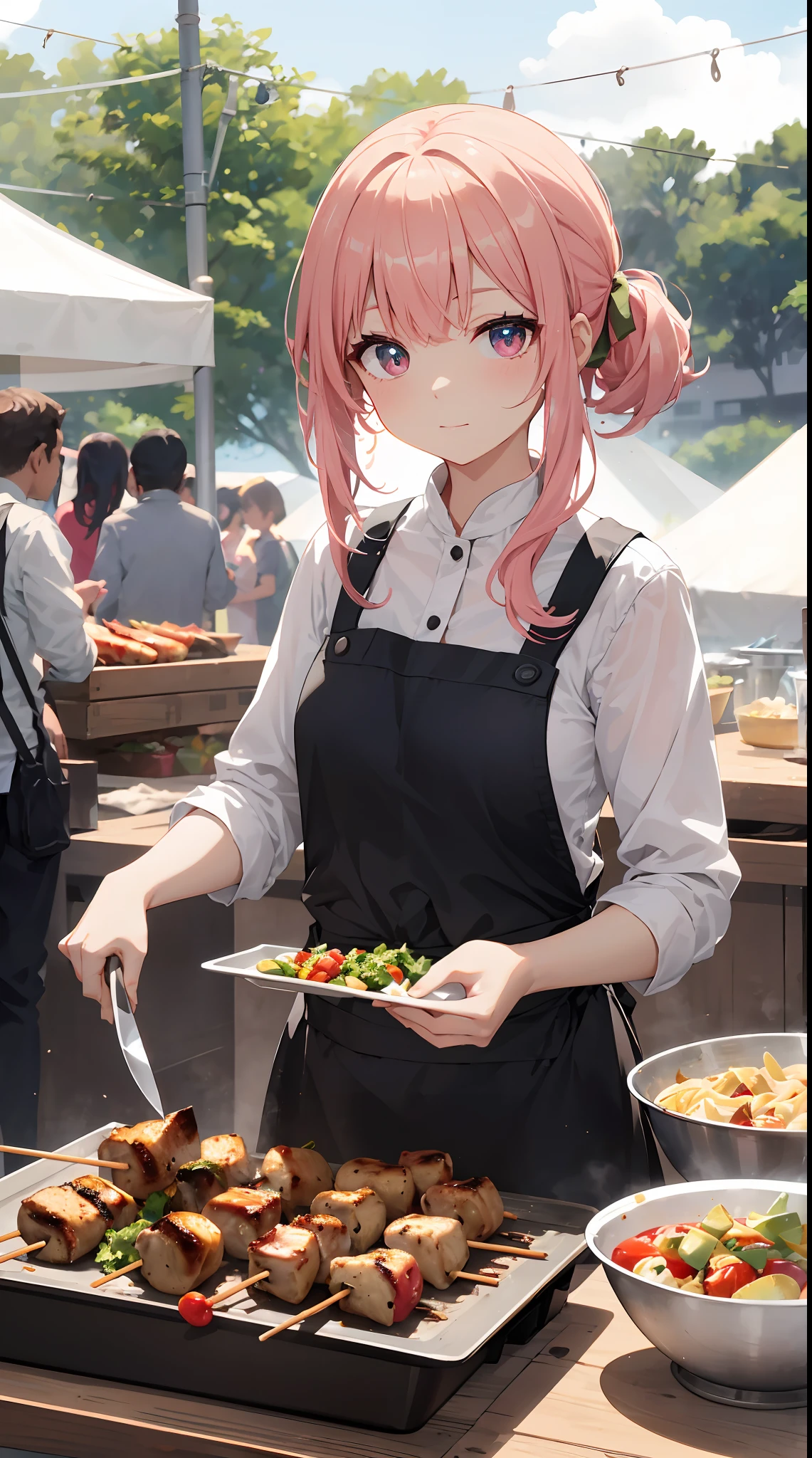 「Little girl cutting kebabs in Turkish cuisine with a knife and selling them at an outdoor festival。She has golden hair and wears a pink apron.、The eyes are green, narrow and cute。To express her in the style of a cute chibi character、the head is large, the limbs are long and slim,。She holds a knife with a gentle expression.、Cutting kebabs。Kebabs are skewered with meat and vegetables.、Burnt crispy。Background with tents, flowers and other people々There is、You can feel the atmosphere of an outdoor festival。（cuteness：1.5）（hightquality：1.2）（Sketched：1.0）」