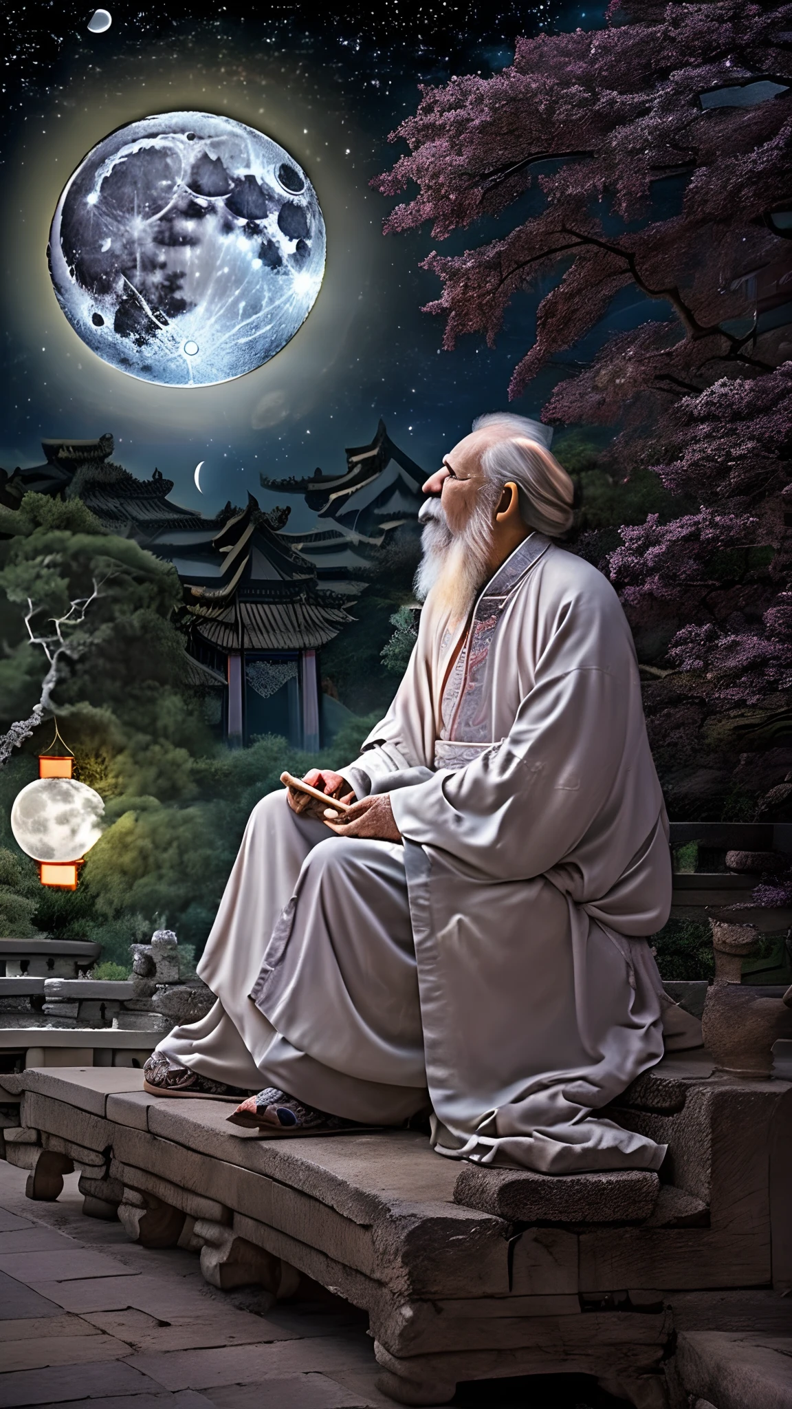 (Best quality,A high resolution,Masterpiece:1.2)An old man with a long white beard，(Look up at the full moon:1.2),( Old man of ancient China:1.3)，long whitr hair，Dressed in period costume，Oriental ancient gardens，Ancient pavilion，Back shadow，(A full moon:1.3), oud, Serene expression, Tranquil atmosphere, Night scene, Moonlit Night, glistening stars, A wisp of white cloud, Soft moonlight, Calm and peaceful, Reflect on emotions, Wisdom and contemplation, mistic, magical,mystical aura, Ethereal, Enchanting atmosphere，Perfectcomposition