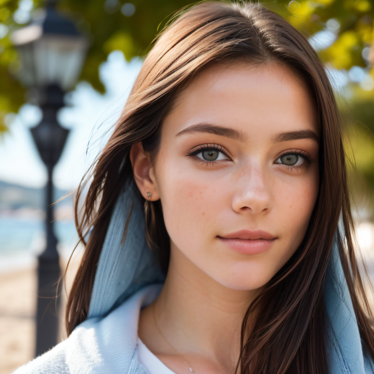 Photo portrait RAW UHD d'une brune mince de 23 ans en jupe courte (Femme aux yeux bleus) marcher a la plage , gros seins,  (encolure), specifics (tissu! , cheveux! , briller, couleur!! , disadvantages: 1.1), Eyes with a high level of detail (staring into the camera), SLR lighting, Appareil photo reflex mono-objectif, ultra quality, re sharpness, profondeur de champ, Filmkorn (milieu), Fujifilm XT3, Limpide, Rahmenmitte, beau visage, mise au point nette, street lamp, Neonbeleuchtung, Bokeh (dimly lit), detailed skin pores, peau grasse, coup de soleil, Complex eyesDetails, corps entier entier, gros seins