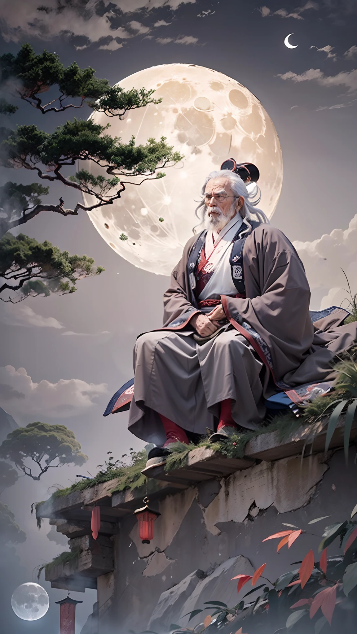 (Best quality,A high resolution,Masterpiece:1.2)An old man with a long white beard，(Look up at the full moon:1.2),( Old man of ancient China:1.3)，long whitr hair，Dressed in period costume，Oriental ancient gardens，Ancient pavilion，Back shadow，(A full moon:1.3), oud, Serene expression, Tranquil atmosphere, Night scene, Moonlit Night, A wisp of white cloud, Soft moonlight, Calm and peaceful, Reflect on emotions, Wisdom and contemplation, mistic, magical,mystical aura, Ethereal, Enchanting atmosphere，Perfectcomposition