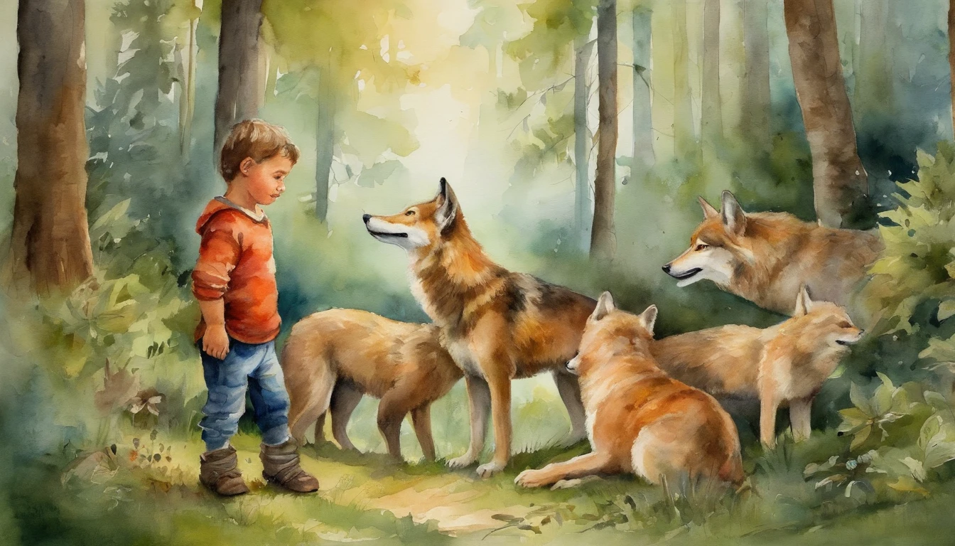 masterpiece, cute that lives in the forest, surrounded by friendly wolves