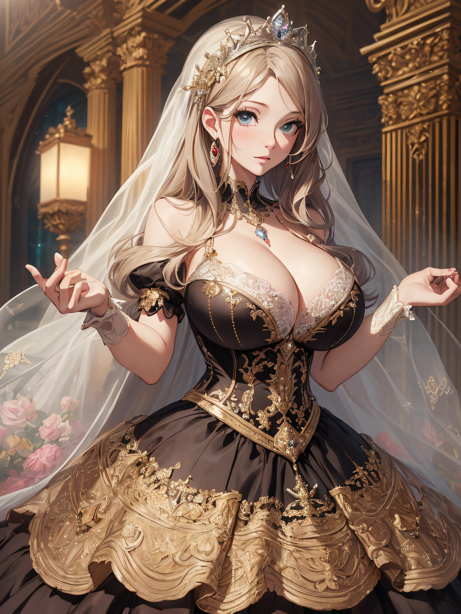 ((anime artstyle)),(Masterpiece),(Best Quality), (Super Detail),((Very Delicate and Beautiful)),cinematic lighting,1 lady,((full body portrait)),((solo)),digital art,(((1 princess in beautiful embroidery and jeweled gorgeous princess rococo ballgown with voluminous full length hoop skirt))),crinoline,long train,((beautiful embroidery and jeweled)),voluminous frills,See-through,(gorgeous embroidery and beautiful lace),(((gigantic tits,skindentation,gigantic cleavage breasts))),cleavage,((large amount of straight hair,extremely voluminous Hair,Very Long Straight Hair)),((finely detailed face and eyes)),clear pupil,((((extremely gorgeousfull hair ornament)))),(bling-bling jeweled extremely gorgeousfull tiara),(bling-bling gorgeous gemstone jewelry),long veil,(beautiful background),(full body),((gorgeous princess rococo ballgown with voluminous full length hoop skirt))
