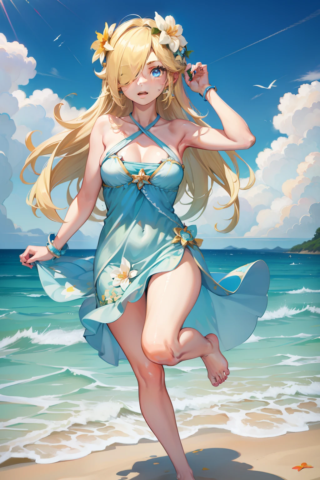 (1girl:1.3), solo, rosalina, woman, adult, swimwear, flower, dress, blonde hair, hair covering one eye, blue eyes, barefoot, ((high detailed, best quality, masterpiece, 4k))