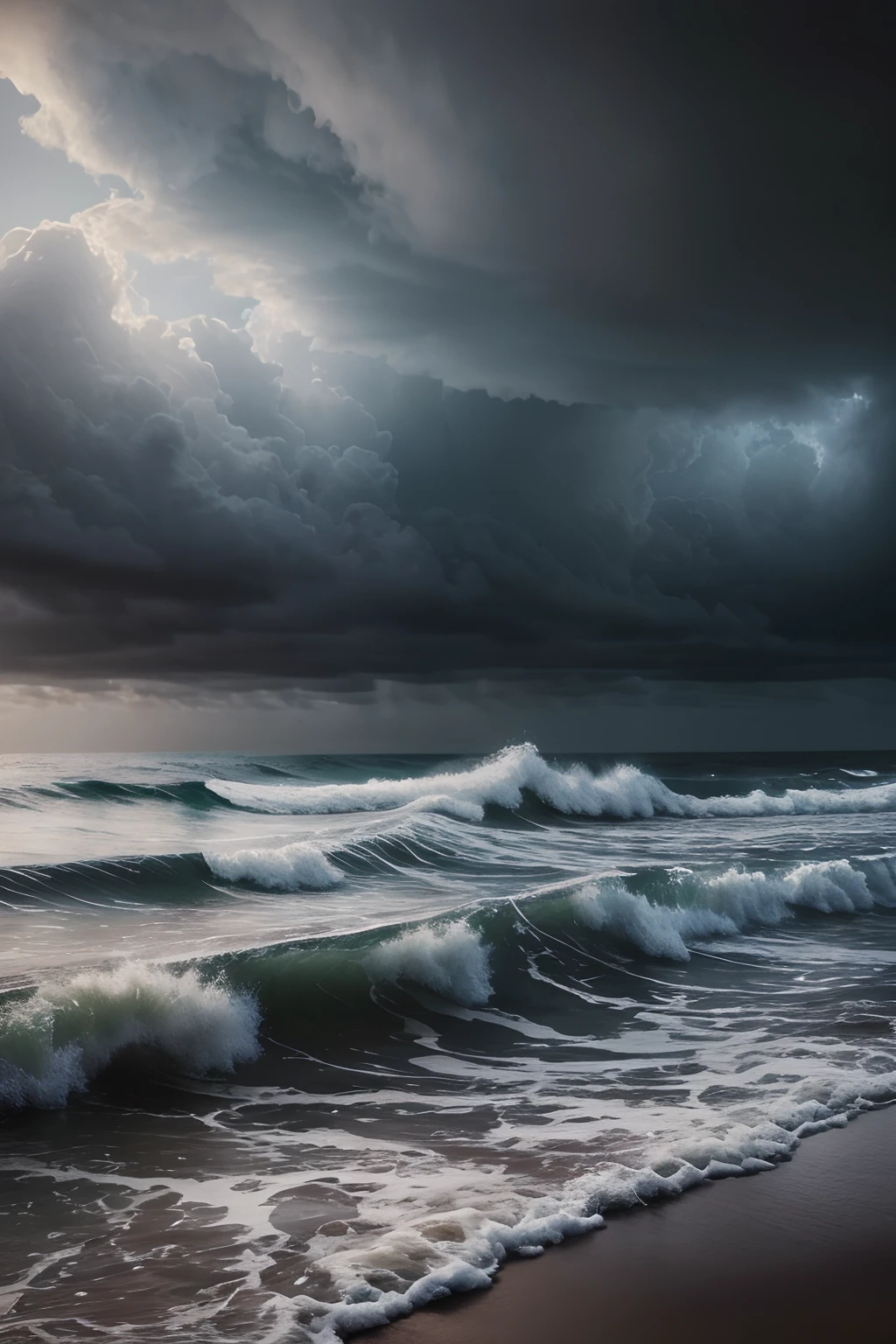 Highly detailed portrait of a dark gloomy storm brewing, dark grey clouds, strong high waves, stunning photography, photorealistic, soft pastel colours, highly detailed, intricate, path tracing, illustration, insanely detailed, shadow mapping volumetric light, specular lighting