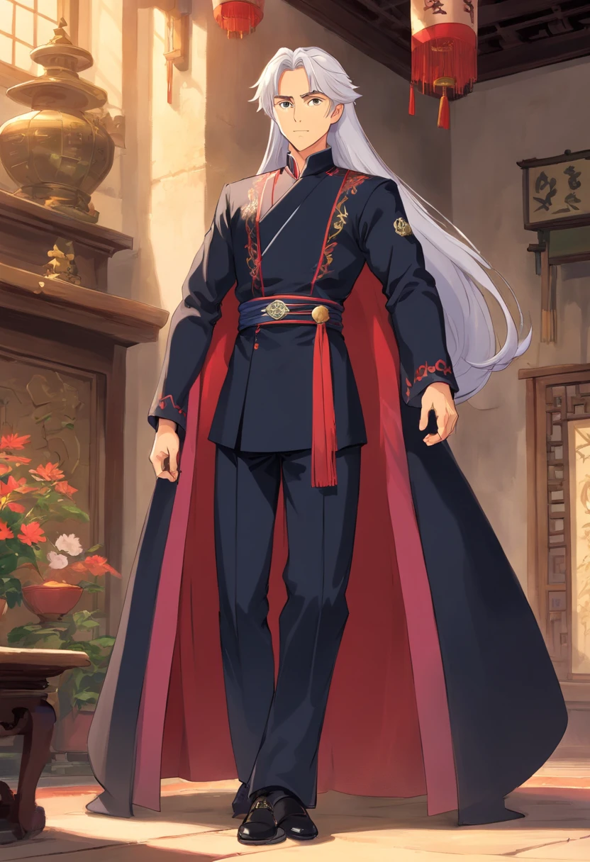 Caius is a handsome man, Stand at 7 feet tall. He has the structure of a kinetic body. He is dressed in a black royal costume. He has beautiful white silky hair. Big bulge in his pants. good quality, Ultra High Quality、nobles、Your Highness、prinz、military outfits、Military uniforms、 nobles, nobles, elegent, Proper, 、high-level image quality、high-level image quality、long legged、looking left、bras、traditional Chinese clothing、A black、Prince、The upper part of the body、