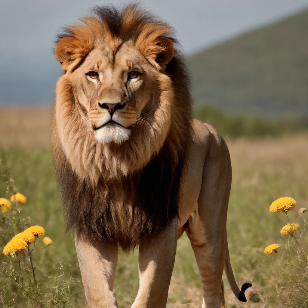 dandelions, Rugiendo, Mostrando su feroz boca abierta, Caminando sobre la hierba con una roca en el fondo, Unsplash, Arte digital, Rey de la Selva, with a lion's mane, Mirada orgullosa, Hacer una pose majestuosa y caliente , Aslam Lev, Medio lev, Full-body 2D Lion, Mirada orgullosa, Arte digital foto animal, lion's mane, Boca sangrienta, dientes sangrientos