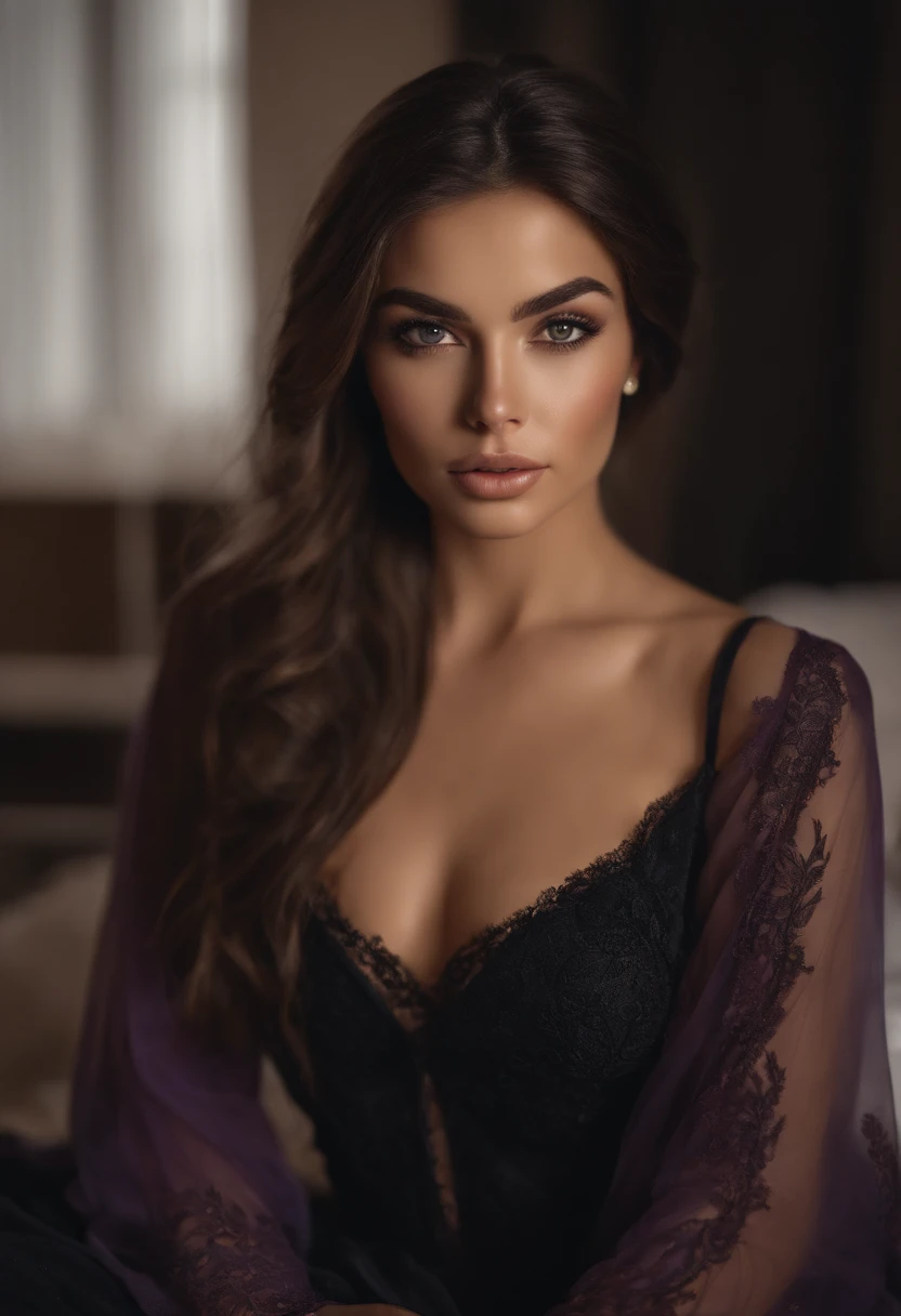 Arafed woman completely , fille sexy aux yeux bruns, ultra realist, Meticulously detailed, Portrait Sophie Mudd, cheveux bruns et grands yeux, selfie of a young woman, Dubai Eyes, Violet Myers, sans maquillage, maquillage naturel, looking straight at camera, Visage avec Artgram, Maquillage subtil, Great photo of the whole body kneeling on the bed, dans la chambre, Medium to large bust dressed in black