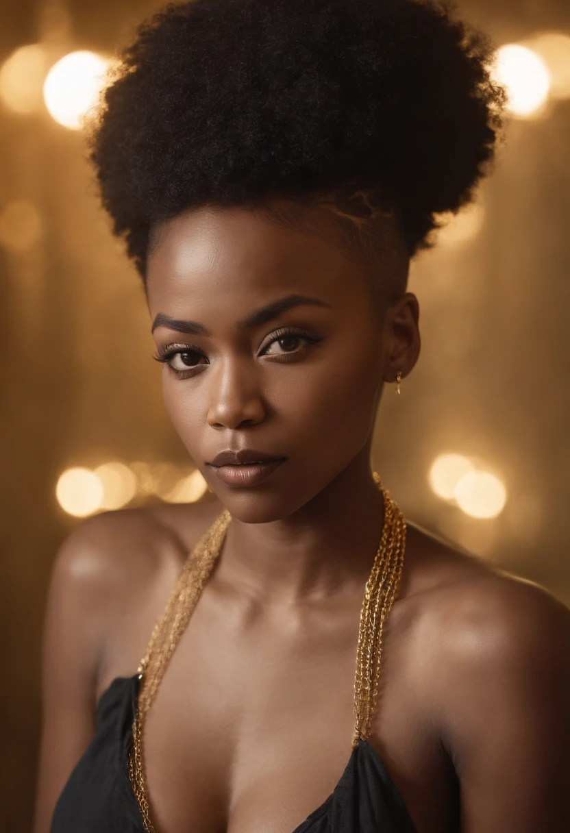 Ghotic mujer afro cortada con grandes pechos desnudos y piercing en las cadenas de oro
