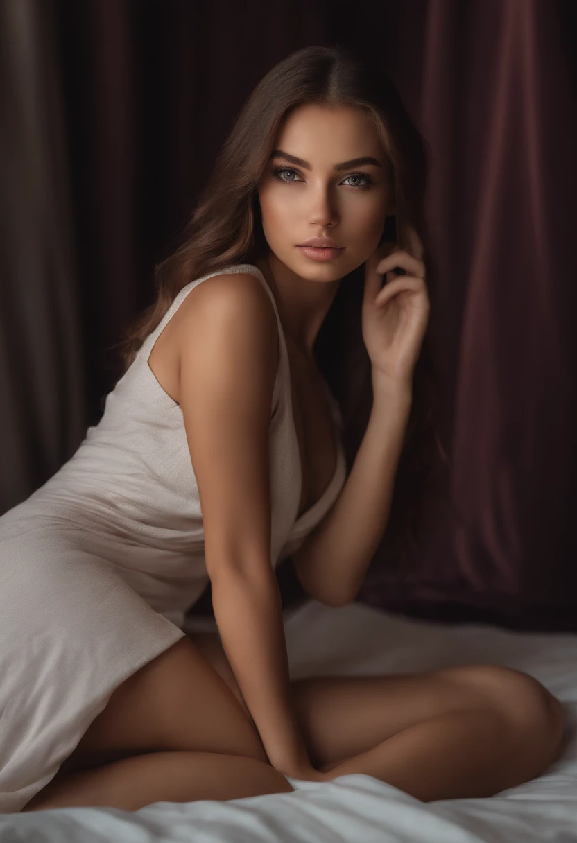 Arafed woman in full , Sexy girl with brown eyes, Ultra realist, Meticulous detail, portrait sophie mudd, brown hair and large eyes, selfie of a young woman, Dubai's Eyes, violet myers, no makeup, natural makeup, looking straight at camera, face with artgram, fine makeup, Excellent full body photography, kneeling on the bed, in a room, Medium to large bust