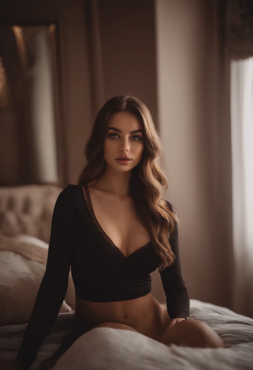 Arafed woman in full , Sexy girl with brown eyes, Ultra realist, Meticulous detail, portrait sophie mudd, brown hair and large eyes, selfie of a young woman, Dubai's Eyes, violet myers, no makeup, natural makeup, looking straight at camera, face with artgram, fine makeup, Excellent full body photography, kneeling on the bed, in a room, Medium to large bust