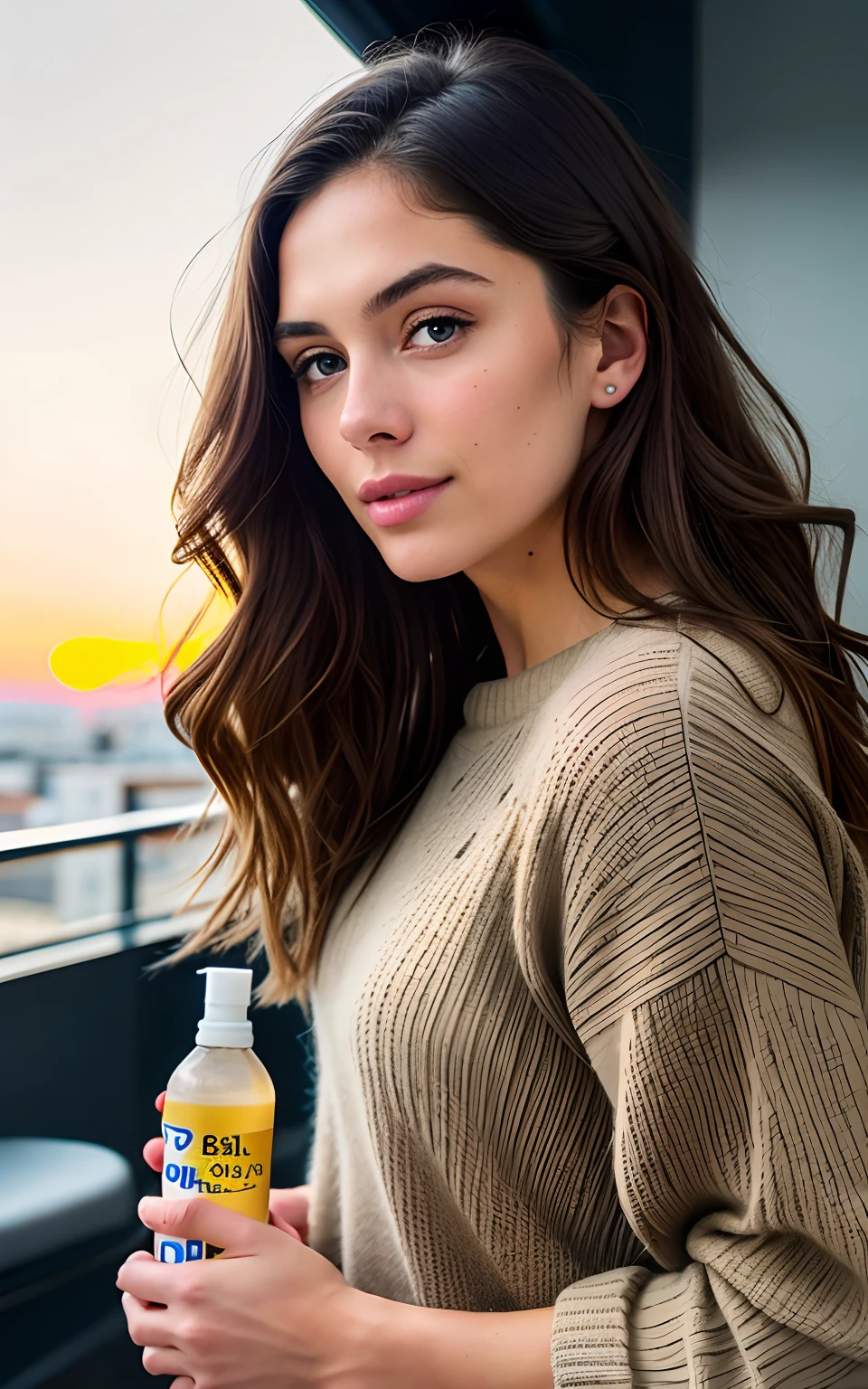 beautiful brunette wearing brown sweater (holding a bottle of nail polish inside a modern salon at sunset), very detailed, 21 years old, innocent face, natural wavy hair, blue eyes, high resolution, masterpiece, best quality, intricate details, highly detailed, sharp focus, detailed skin, realistic skin texture, texture, detailed eyes, professional, 4k, charming smile, filmed in Canon,  85mm, shallow depth of field, kodak vision color, perfect fit body, extremely detailed, foto_\(ultra\), photorealistic, realistic, post-processing, maximum detail, roughness, real life, ultra realistic, photorealism, photography, 8k uhd, photography
