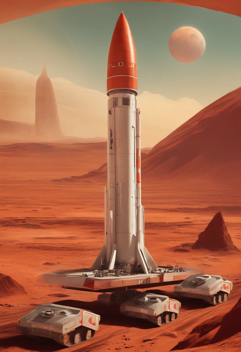 Soviet space mission on Mars, rockets with communist symbols