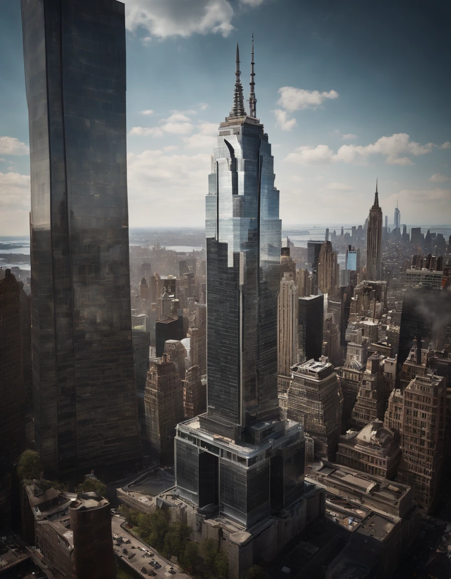 A spectacular aerial view of a giant fish tank in the shape of a skyscraper in the middle of New York City, 8K, octane render, photorealistic, cinematography, insane angles.