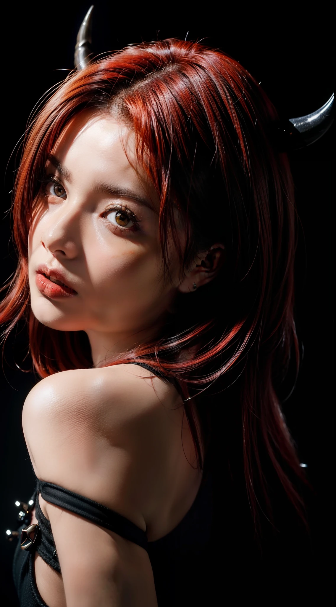 Woman with red hair emo pin up girl, orange eyes, black horns, dark mystical background, striking a pose, midshot, centered image, ultra detail, extremely face detail, extremely eye detail, in a hellfire