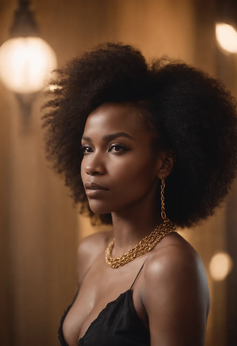 Ghotic slim thick woman afro cut with massively large bare breasts and piercing on the of gold chains