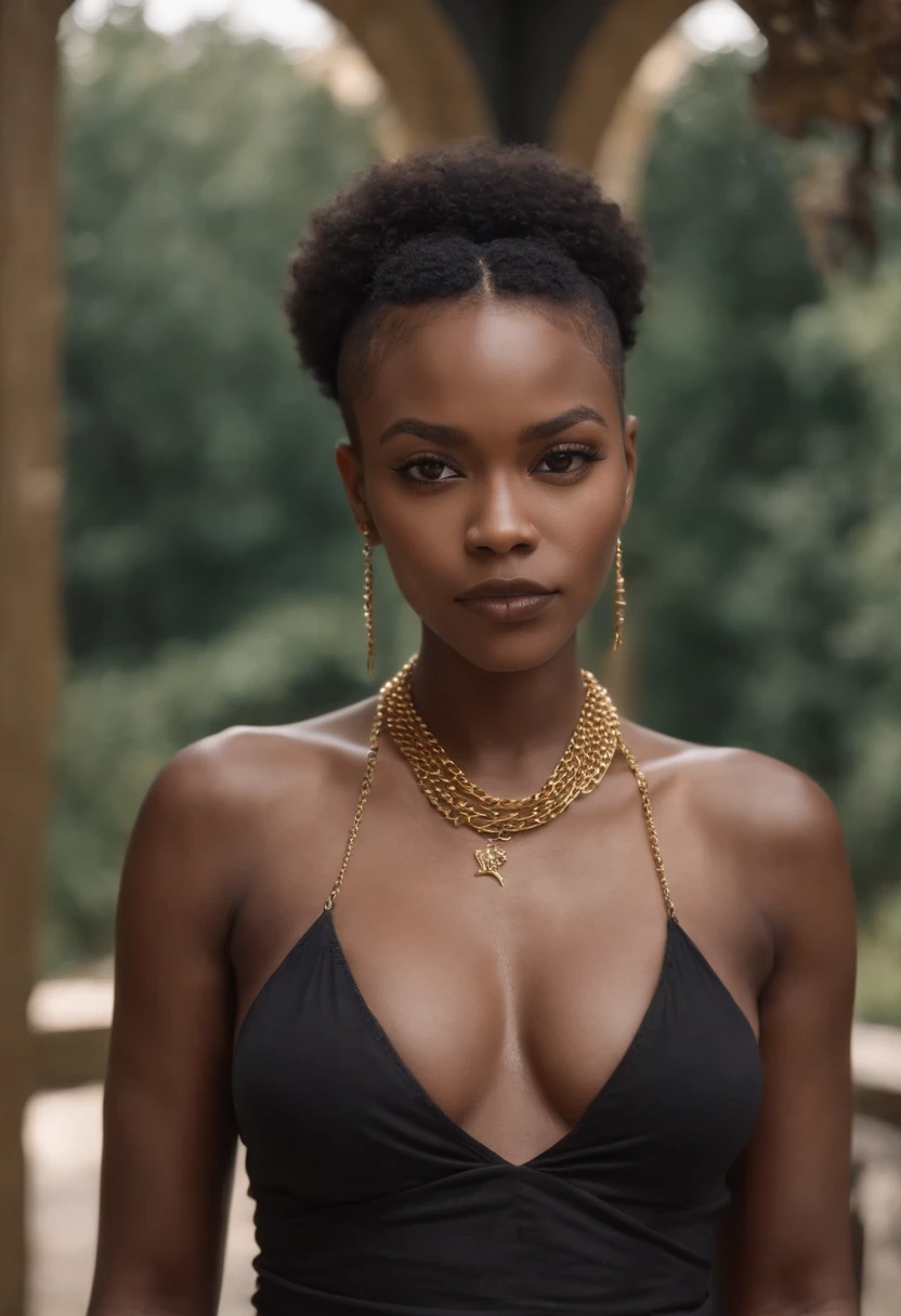 Ghotic slim thick woman afro cut with massively large bare breasts and piercing on the of gold chains