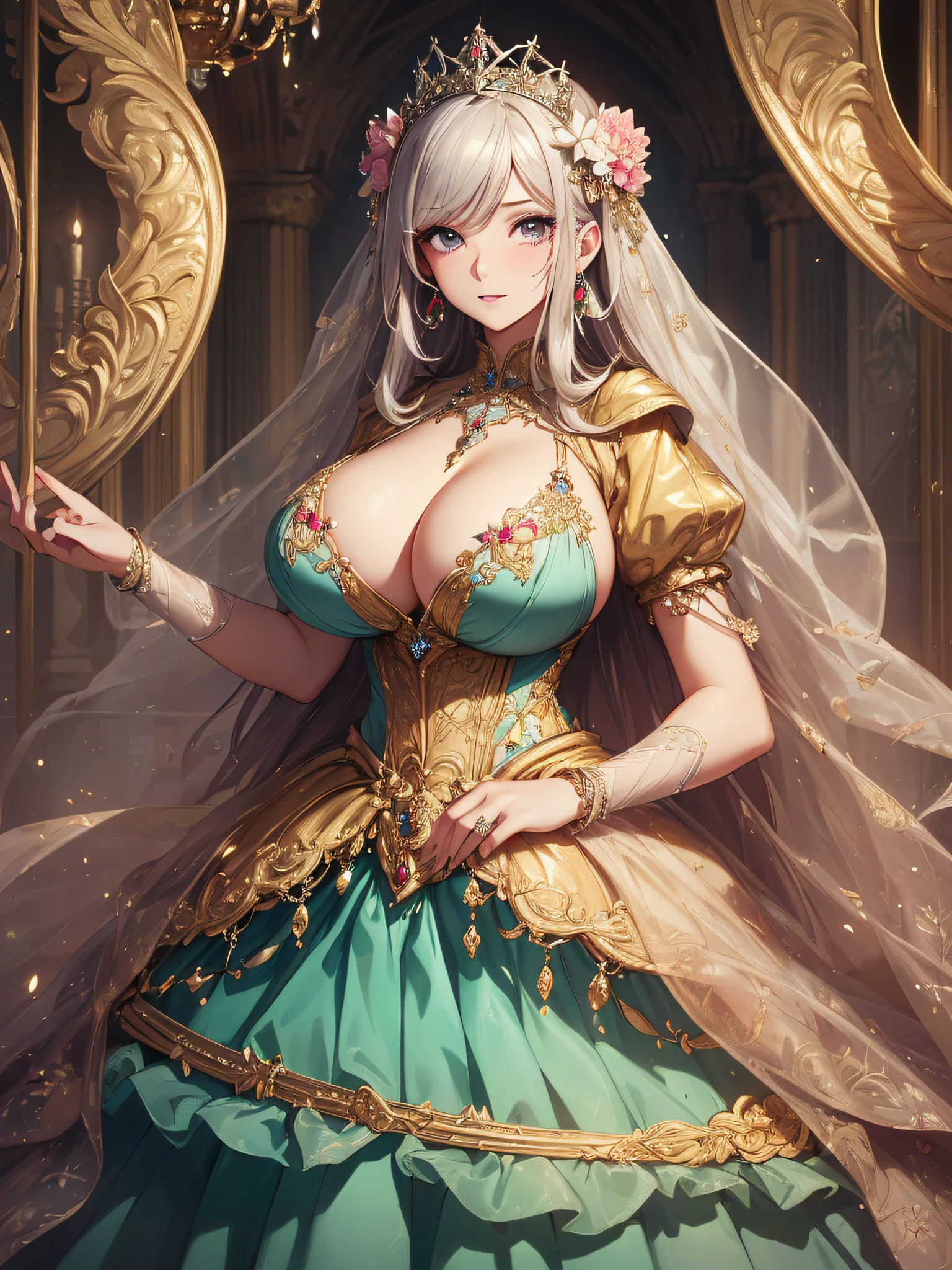 ((anime artstyle)),(Masterpiece),(Best Quality), (Super Detail),((Very Delicate and Beautiful)),cinematic lighting,1 lady,((full body portrait)),((solo)),digital art,(((1 princess in beautiful embroidery and jeweled gorgeous princess rococo ballgown with voluminous full length hoop skirt))),crinoline,long train,((beautiful embroidery and jeweled)),voluminous frills,See-through,(gorgeous embroidery and beautiful lace),(((gigantic tits,skindentation,gigantic cleavage breasts))),cleavage,((large amount of straight hair,extremely voluminous Hair,Very Long Straight Hair)),((finely detailed face and eyes)),clear pupil,((((extremely gorgeousfull hair ornament)))),(bling-bling jeweled extremely gorgeousfull tiara),(bling-bling gorgeous gemstone jewelry),long veil,(beautiful background),(full body),((gorgeous princess rococo ballgown with voluminous full length hoop skirt))