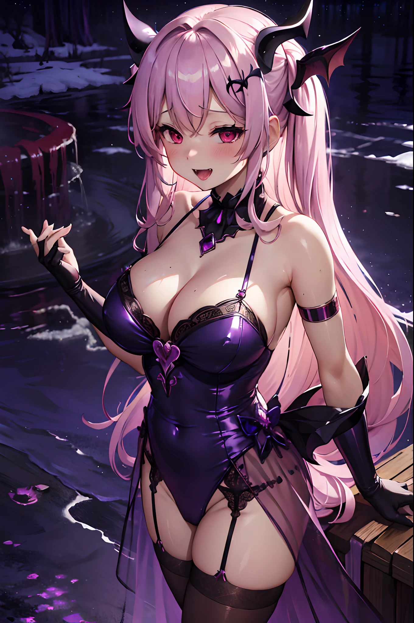 km, 1girl, ascot, blush, bow, red eyes, white hair, long wavy hair, back twintails, gorgeous hair ornament, (possessed, succubus), witch, open mouth, smug laugh, glimmer pink bow, highly detailed hair bow, sidebangs, evil aura, (aberrant destroyed landscape in background, japanese night landscape in background, big fountain with purple water, otherworldly lamps, shades of blue and red), (fog), moaning, solo, gorgeous brightly glowing violet diamond_shaped necklace, gorgeous starry dress, V-neck, black stockings, garter belt, large breasts, bandaged head, demon horns, fangs