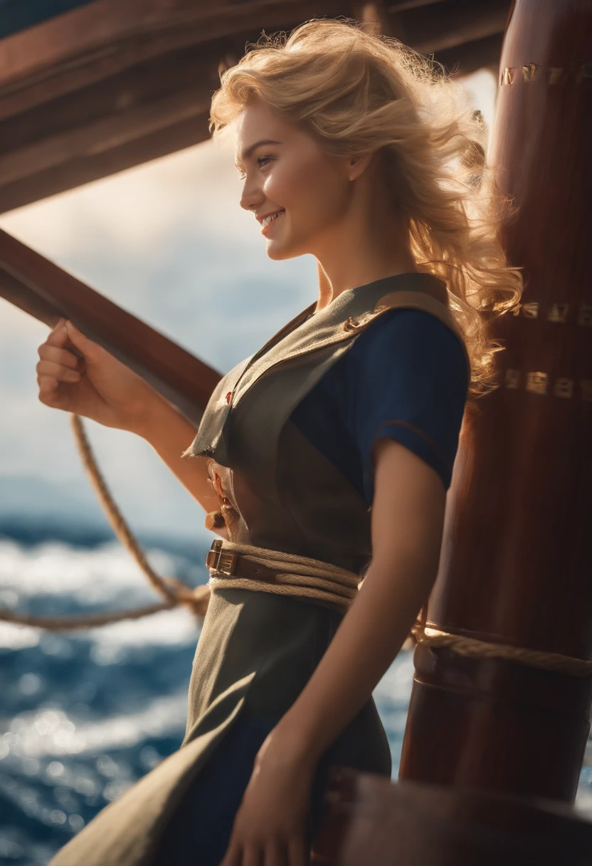 {{masutepiece, Best Quality, extremely details CG, Unity 8k壁纸, Cinematic lighting, }}, Sony α7, wide frame, south pacific, During the war with the Asian powers, The wind blowing on the Aegis ship, 1 girl, Full body, Smile, She is a sailor in the US Navy, Caucasian, 20 years old, Smile, Blonde hair, a short bob, Blue eyes , long eyelashes ,