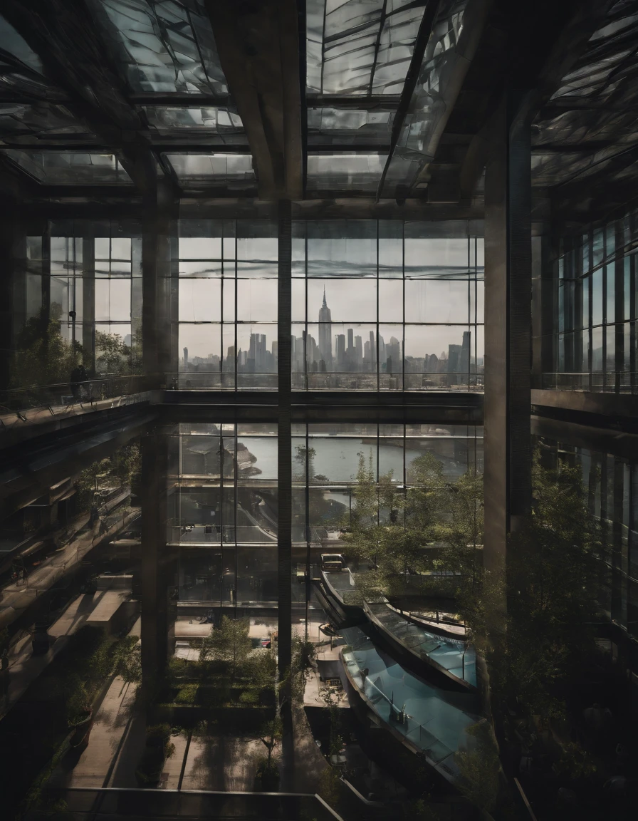 A spectacular aerial view of a giant fish tank as a skyscraper in the middle of New York City, 8K, octane render, photorealistic, cinematography, insane angles.