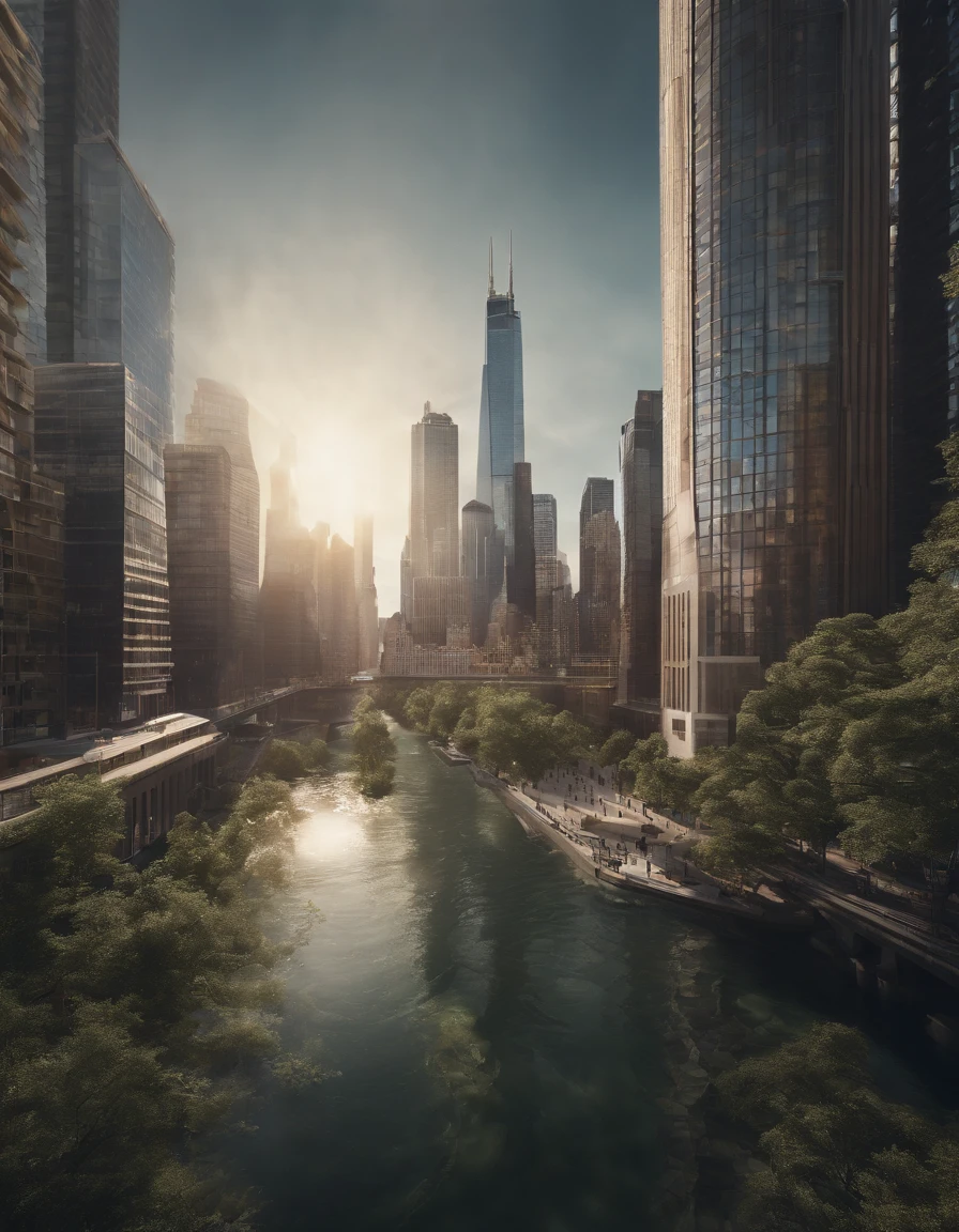 A spectacular aerial view of a giant fish tank as a skyscraper in the middle of New York City, 8K, octane render, photorealistic, cinematography, insane angles.