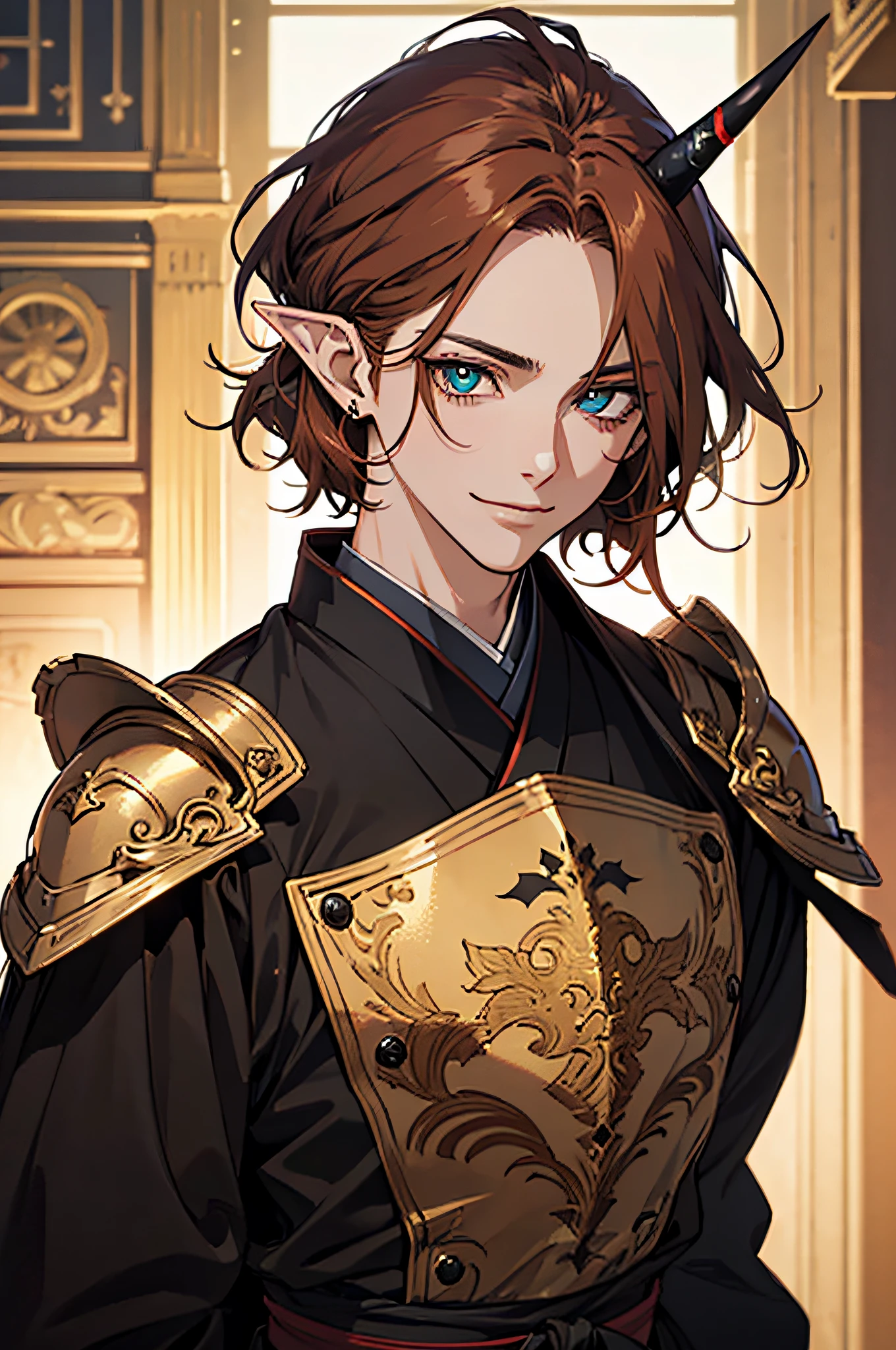 (masterpiece), best quality, ultra-high resolution, ((one man)), ((one)), boy, male, elegant, expressive eyes, perfect face, half body, looking at viewer, dutch angle, cowboy shot, (long black-reddish hair), (golden eye color), long elf like ears, one demon horn on the head, heavy armor, chest revealed, old japanese clothing style, katana, light smile, detailed background, Extreme Detailgenauigkeit, 4K