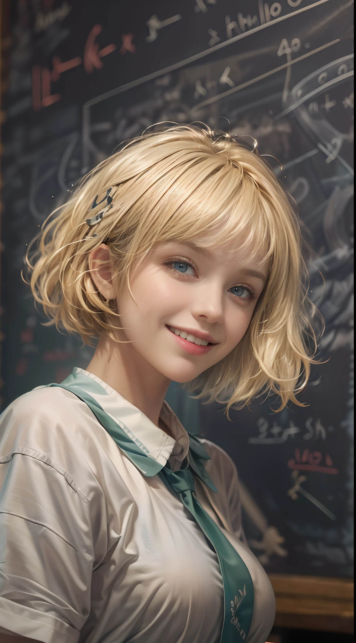 (((blonde Shorthair:1.2))),  (a 18 young woman), (T-shirt design), ((aesthetic clothing)), (Breast bulge), ((Being in the physics classroom)), (A hyper-realistic), (Relaxed), (Increased resolution), (8KUHD), (Extremely detailed), (Best Illustration), (Beautiful and detailed eyes), (Best Quality), (ultra-detailliert), (masterpiece ), ( Wallpaper), (Detailed face), Fine details,  Deep Shadows, lowkey,  Smiling,   (Solving the formula on the blackboard), blackboard background,