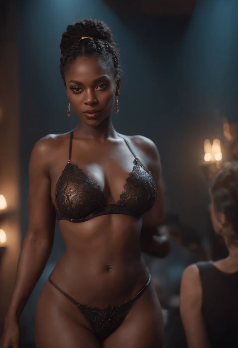 Dark-skinned Demon Queen, in a club at night, NSFW, fat, big boobs, big hips, big butt, perfect proportions, perfect eyes, real life cores, elegant, sharp focus, hyperrealistic, highly detailed, harsh, dramatic lighting, Conceptual Resolution Art 8k by Greg Rutkowski Intricately detailed Hyper-detailed dynamic lighting Triadic color splash art trend Artstation Unreal Engine 5 big dick black