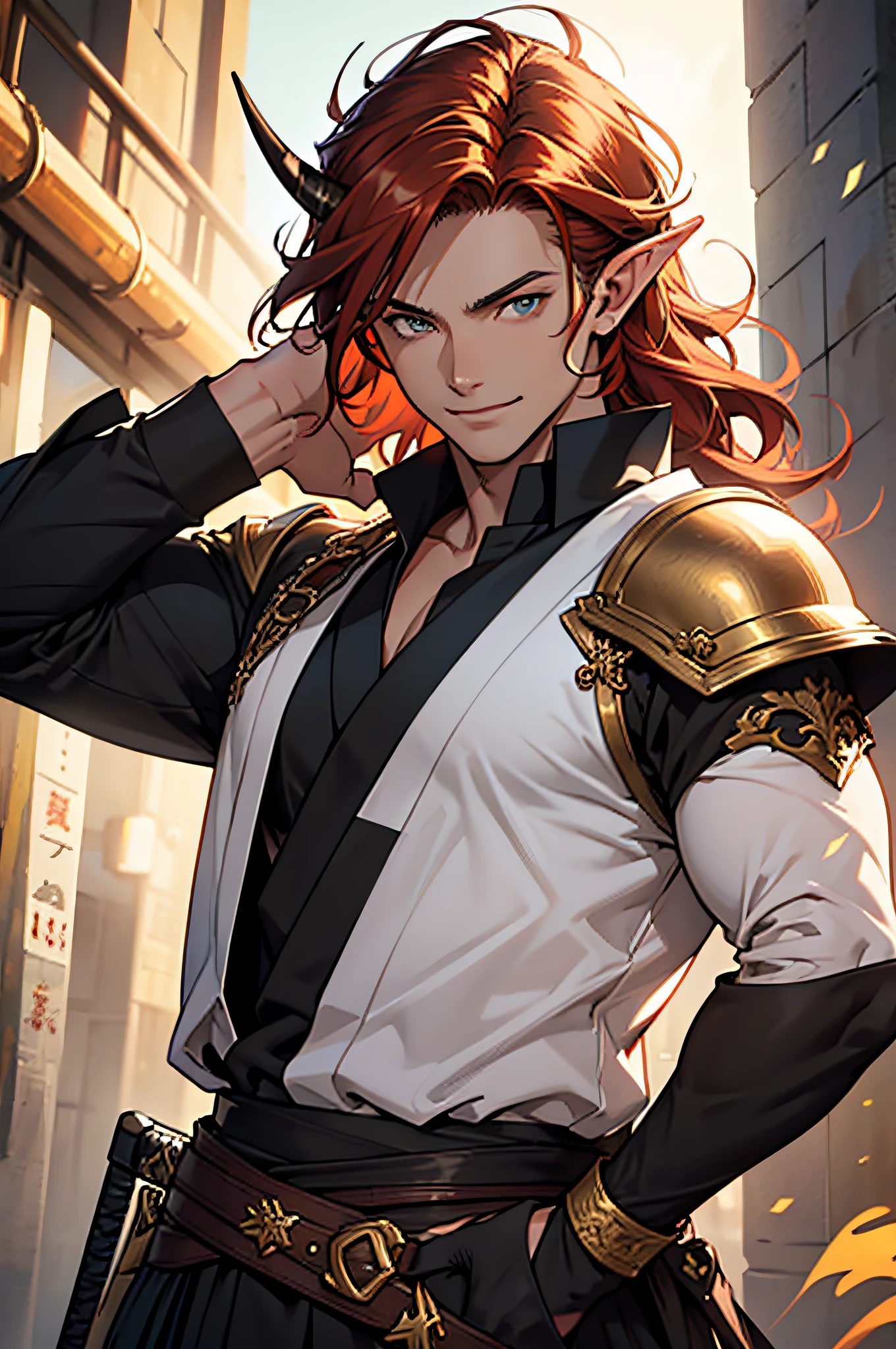 (masterpiece), best quality, ultra-high resolution, ((one man)), ((one)), boy, male, elegant, expressive eyes, perfect face, half body, looking at viewer, dutch angle, cowboy shot, (long black-reddish hair), (golden eye color), long elf like ears, one demon horn on the head, heavy armor, chest revealed, old japanese clothing style, katana, light smile, detailed background, Extreme Detailgenauigkeit, 4K