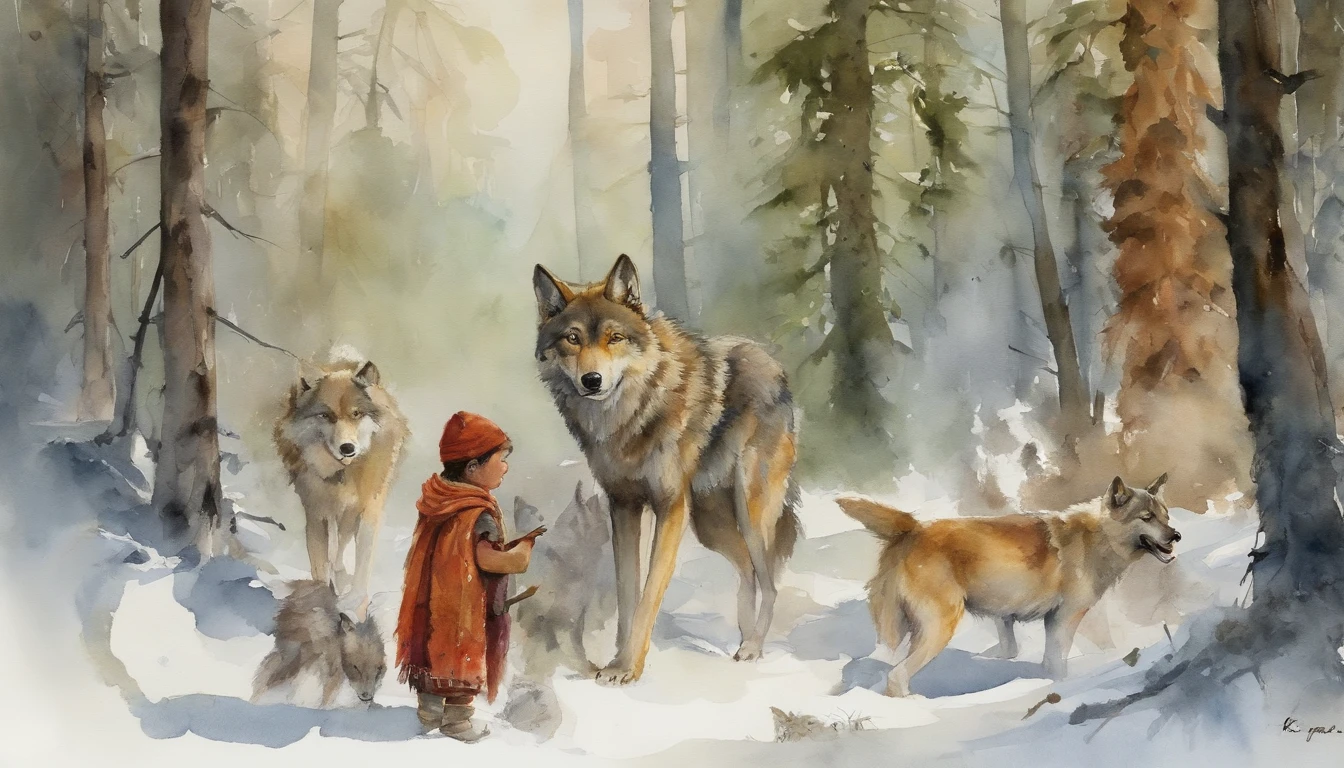 masterpiece, young boy that lives in the forest, surrounded by friendly wolves, (neve), roupas de pele, (indian), selvagem, fairytale ::n_ one leg, body deformation,