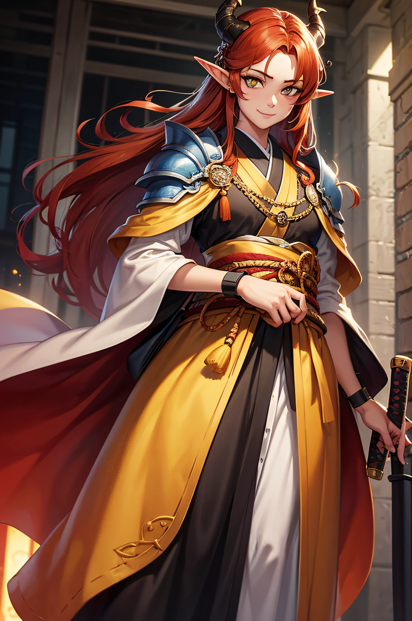 (masterpiece), best quality, ultra-high resolution, ((one man)), ((one)), boy, male, elegant, expressive eyes, perfect face, half body, looking at viewer, dutch angle, cowboy shot, (long black-reddish hair), (golden eye color), long elf like ears, one demon horn on the head, heavy armor, chest revealed, old japanese clothing style, katana, light smile, detailed background, Extreme Detailgenauigkeit, 4K