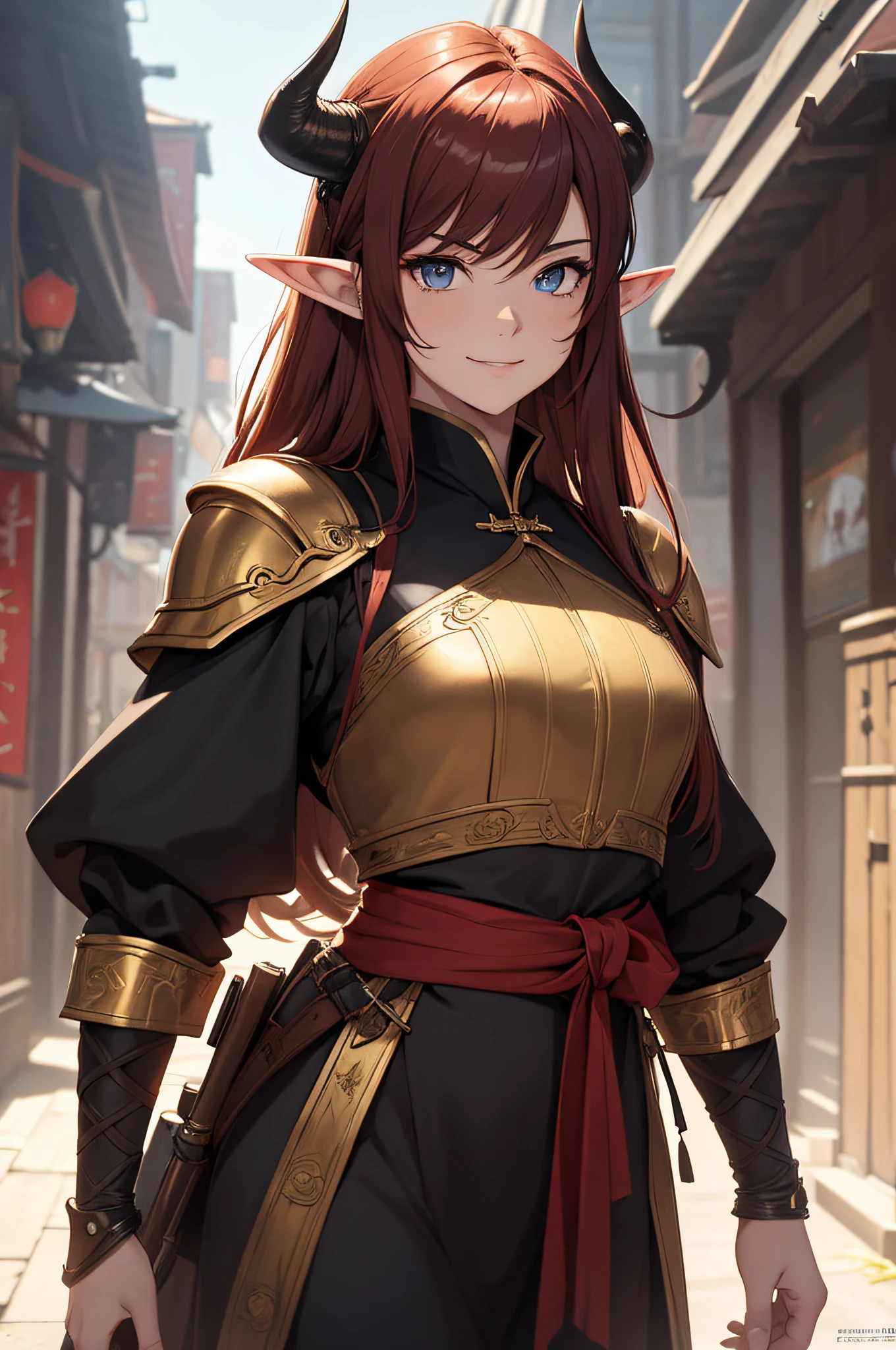 (masterpiece), best quality, ultra-high resolution, ((one man)), ((one)), boy, male, elegant, expressive eyes, perfect face, half body, looking at viewer, dutch angle, cowboy shot, (long black-reddish hair), (golden eye color), long elf like ears, one demon horn on the head, heavy armor, chest revealed, old japanese clothing style, katana, light smile, detailed background, Extreme Detailgenauigkeit, 4K