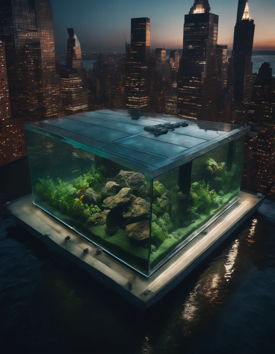 A spectacular aerial view of a giant fish tank as a skyscraper in the middle of New York City, 8K, photorealistic, cinematography, insane angles.