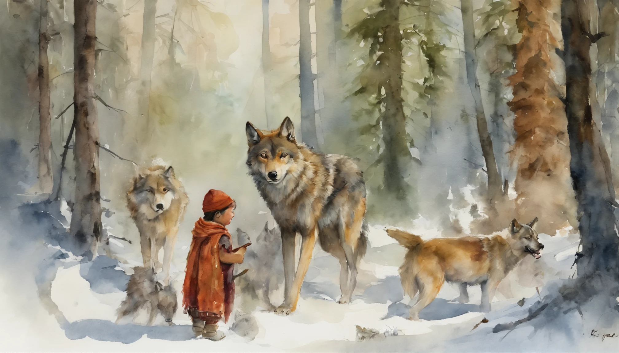 masterpiece, young boy that lives in the forest, surrounded by friendly wolves, (neve), roupas de pele, (indian), selvagem, fairytale ::n_ one leg, body deformation,