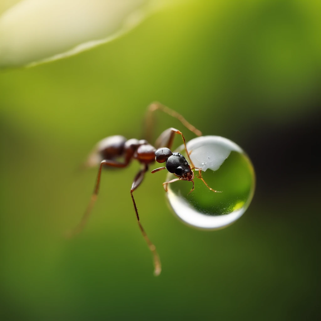 An ant is being held in a drop of water with a green background of nature