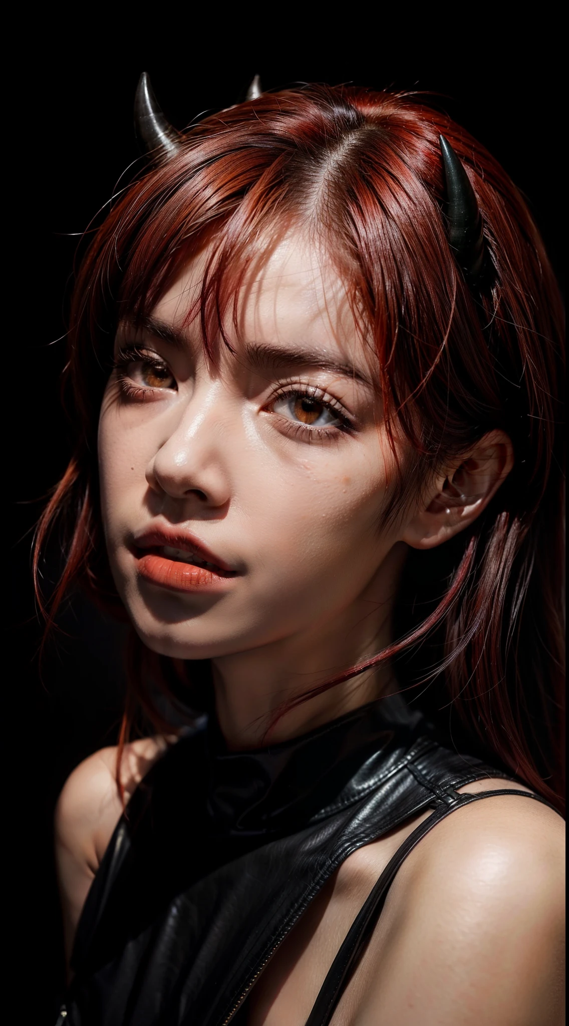 Woman with red hair emo pin up girl, orange eyes, black horns, dark mystical background, striking a pose, midshot, centered image, ultra detail, extremely face detail, extremely eye detail,