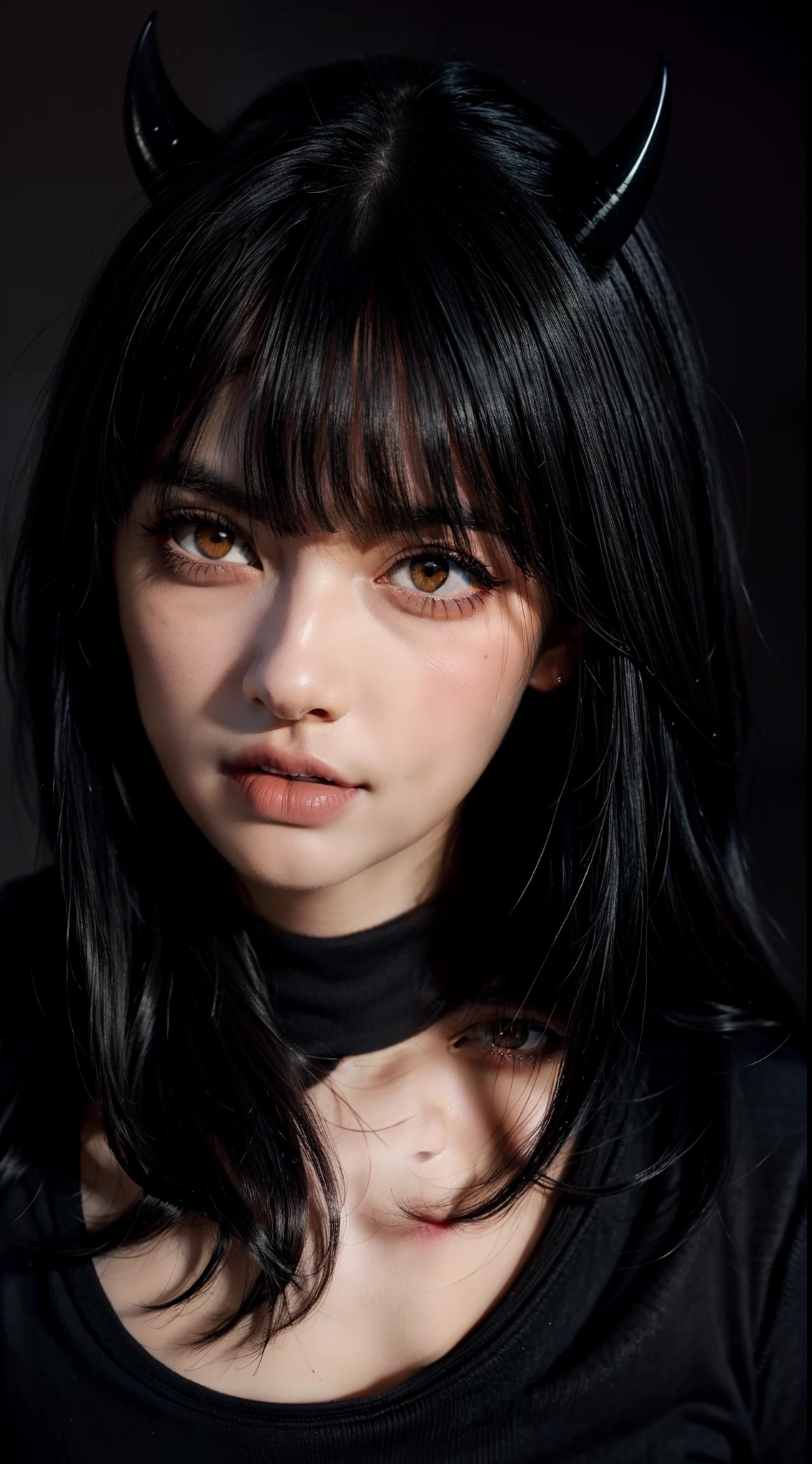 Woman with black hair emo pin up girl, orange eyes, black horns, dark mystical background, striking a pose, midshot, centered image, ultra detail, extremely face detail, extremely eye detail, in a hellfire