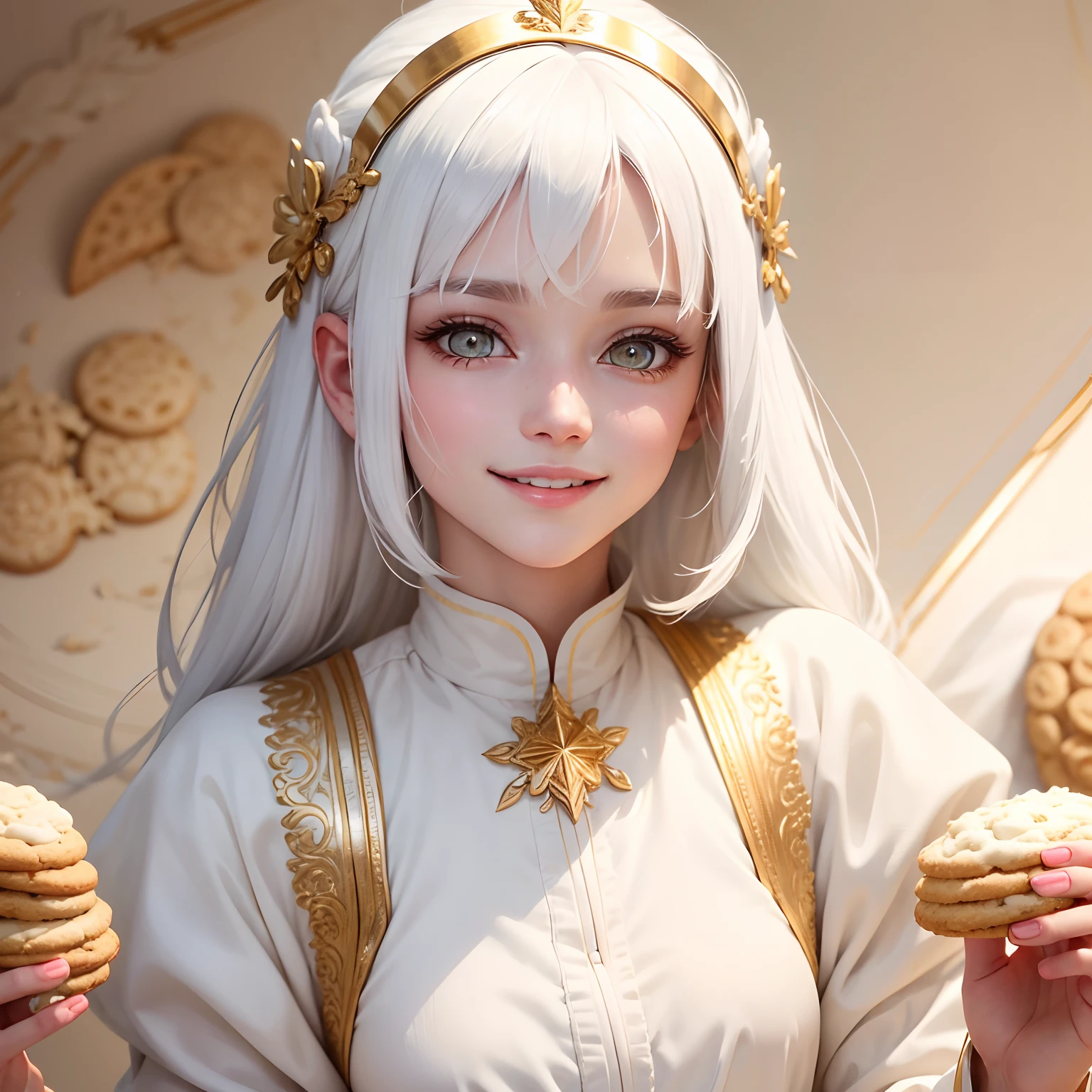 best quality, white hair, gold eyes, white clothes, looking up, upper body, hair strand, Fair skin, smiling, Have cookies