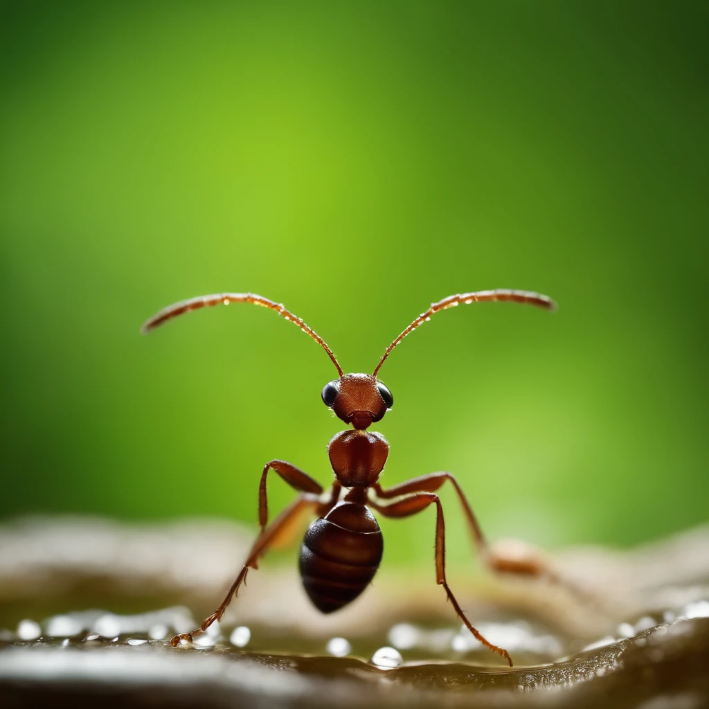 An ant is being held in a drop of water against a green background of nature