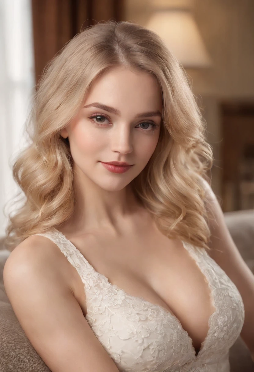 (Photorealistic, masterpieces:1.2), huge breast, blonde hair, sitting on sofa, beer in hand, full body focus, perfect face, smiling expression, detailed eyes, long eyelashes, detailed lips, contemporary setting, hard disk, distance shot, frame the composition