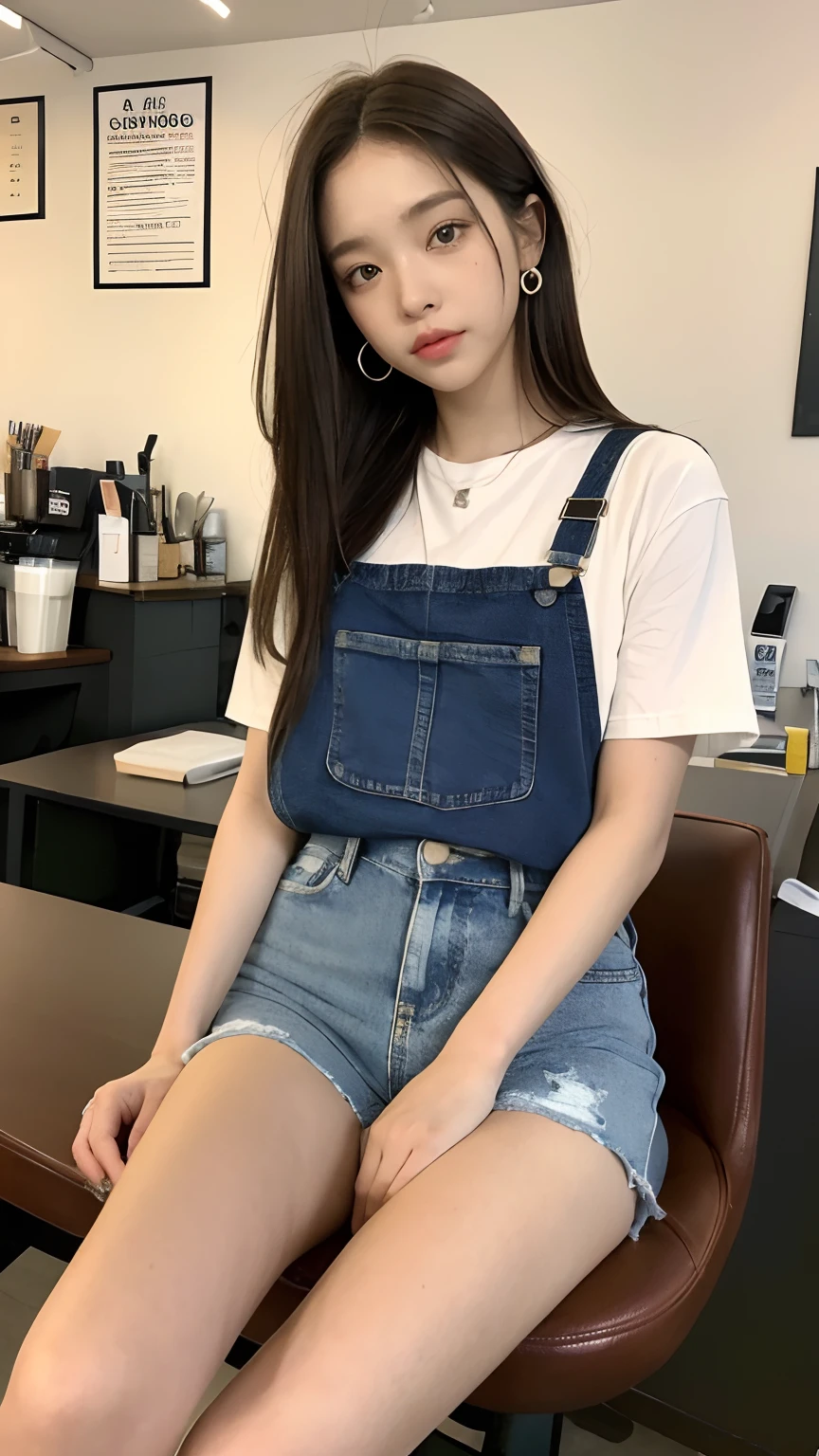 (realisitic、alta resolução:1.3)、1 menina com uma figura perfeita、Rosto e olhos super finos、cabelo curto、Tampos:1 in random colors.2、denim short pants、in a coffee shop、coffe in desk、Seios colossais、clivagem exposta
