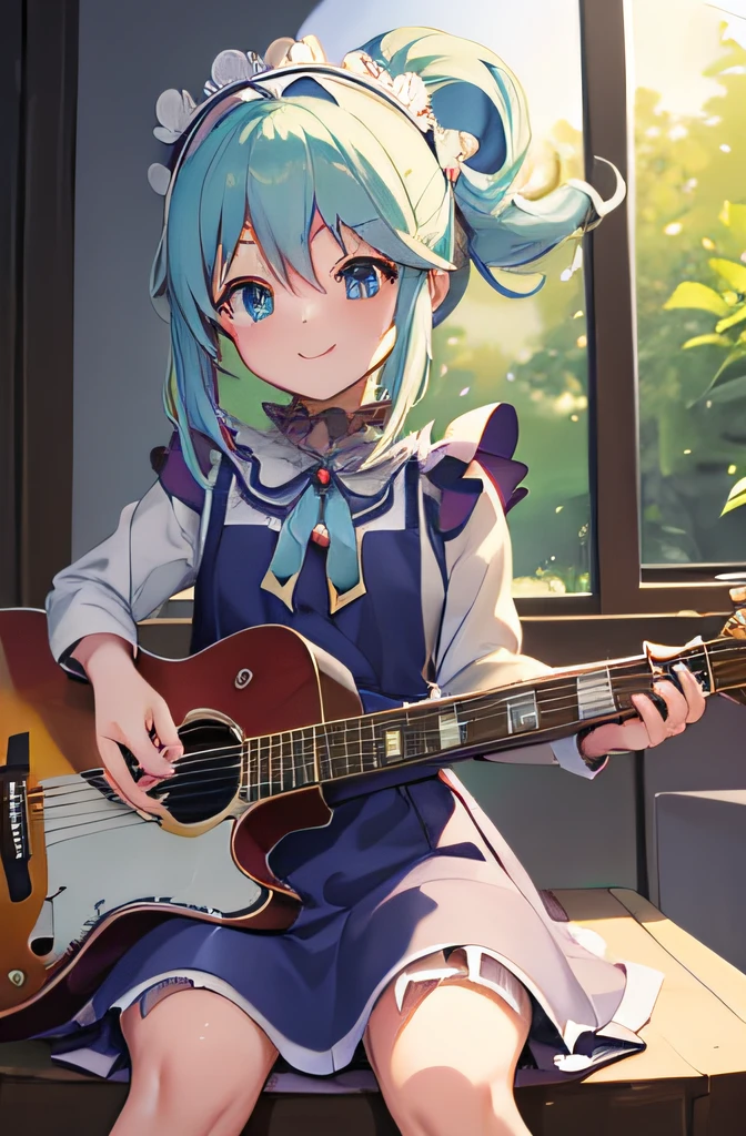 ((masutepiece)), ((Best Quality)), (Ultra-detailed), Anime style, Live performance venue,  girl s, 1girl in, Solo, Playing the guitar 00, Maid 00, ((Beautiful eyes))0, Smile